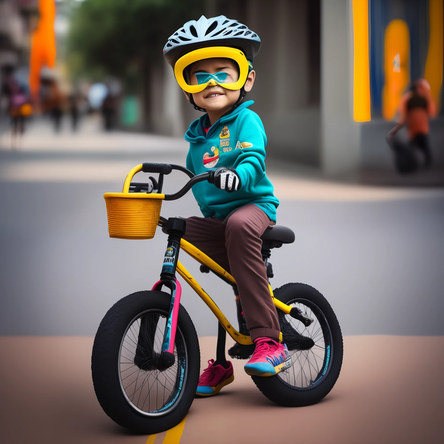 Crie, garoto moreno, 7 anos, wearing sneakers, capacete, luvas, joelheiras, cotoveleiras , em bike bmx, preta com laranja, em rua urbana, em estilo, pixar Disney, realista, 3d
