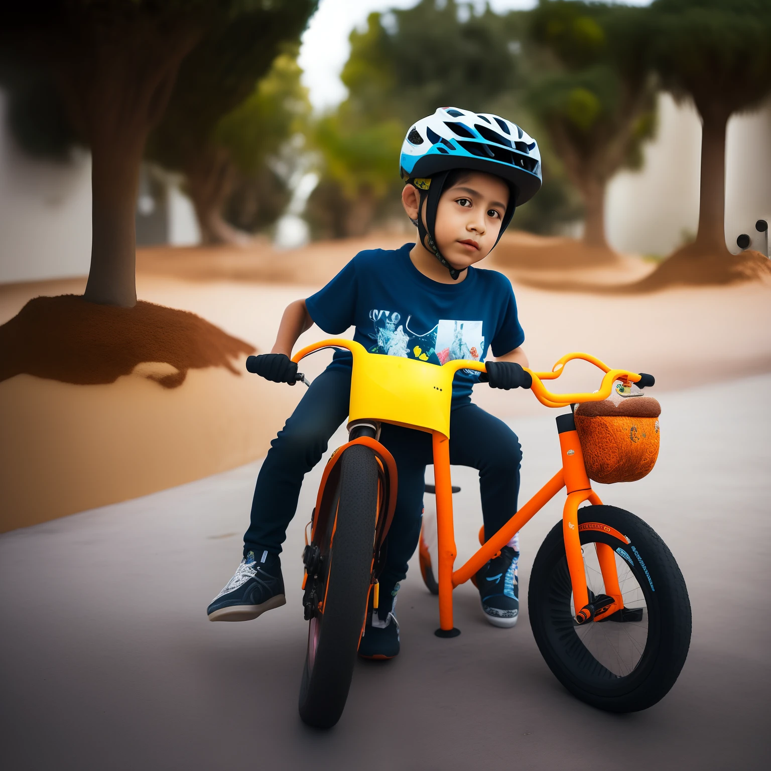 Crie, garoto moreno, 7 anos, wearing sneakers, capacete, luvas, joelheiras, cotoveleiras , em bike bmx, preta com laranja, em rua urbana, em estilo, pixar Disney, realista, 3d