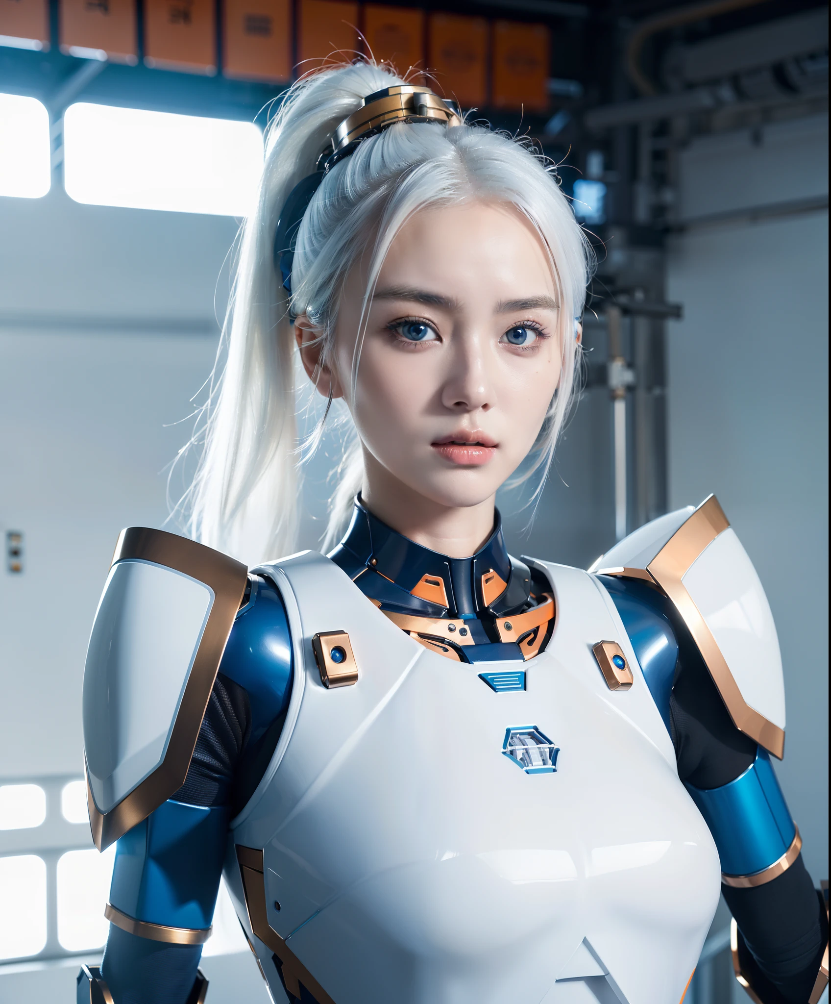 Woman in her 20s, Korean, (Perfect face), defined jawline, Beautiful lips, (beautiful bright blue eyes), (White hair, pony tails), (Perfect anatomy), (atheletic body), (Sexy), (Perfect hands), (Intricate geometric robot white body armor, Orange and bronze decorations), (view the viewer), (medium shot photograph), (Futuristic industrial factory background), Photorealistic
