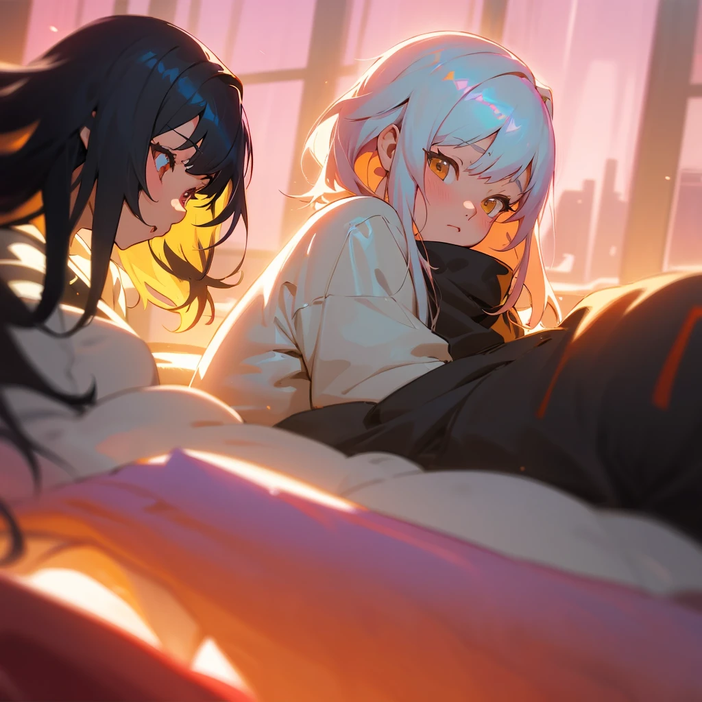 chica anime acostada en la cama con cabello rosa y anteojos, Obras de arte al estilo de Guweiz, Despertar, Hecho con Anime Painter Studio, somnoliento, Ilya Kuvshinov. 4 mil, loish |, anime. Soft lighting, ! dream artgerm, in no game no life, Guweiz, ((puesta del sol)), Krenzcushart