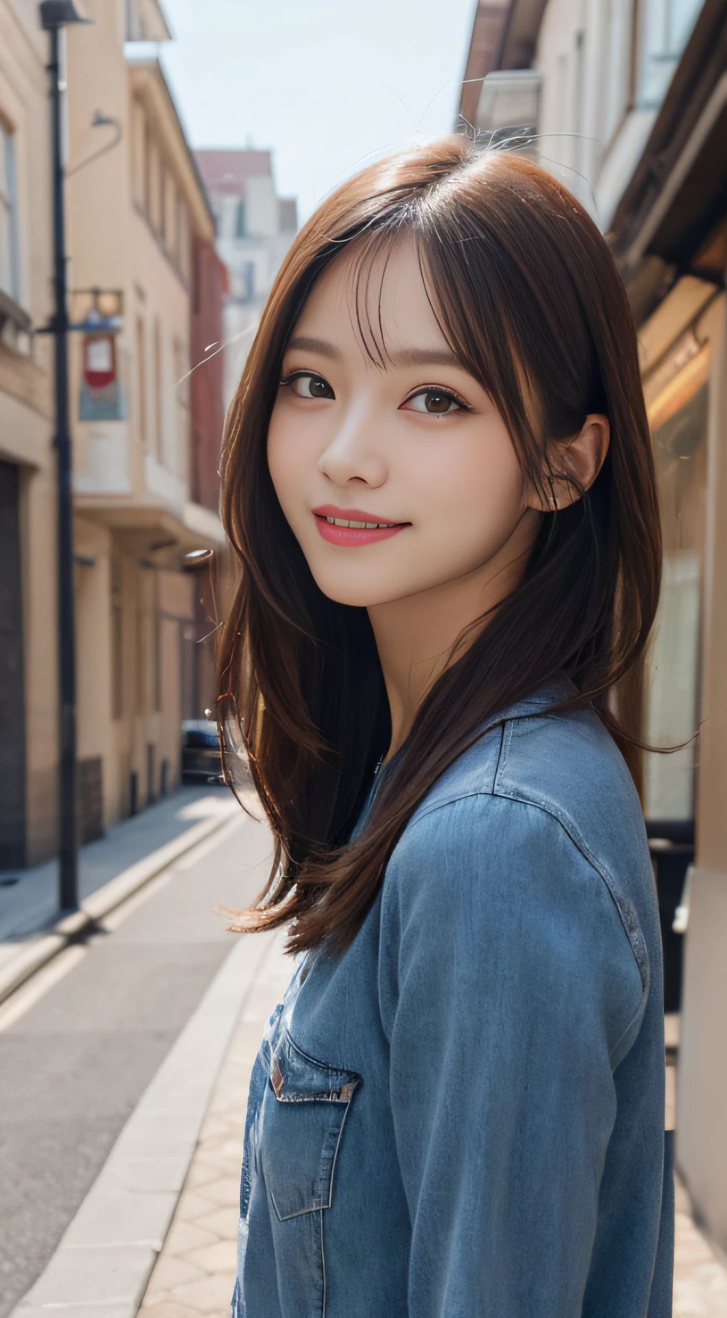 masutepiece, Best quality, illustration, Ultra-detailed, finedetail, A high resolution, 8K wallpaper, Perfect dynamic composition, Beautiful detailed eyes, doress,Medium hair, Mid-chest, Natural color lips, Random and sexy pose,Smile,Castle Peak Street sidewalk、20 years girl