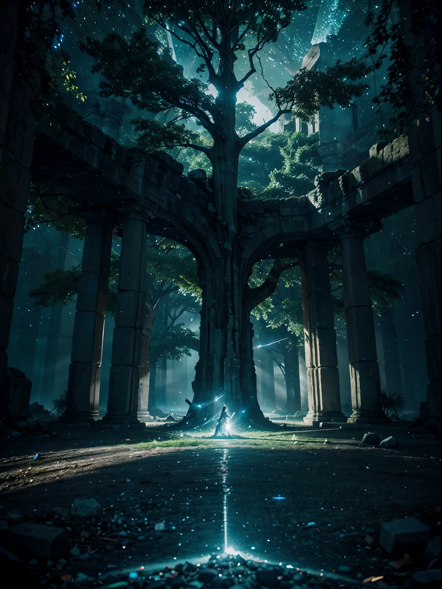 Amidst the ruins of a forgotten city, a colossal tree of luminescent crystals emerges, its branches reaching for the starlit sky. Within its glowing canopy, mythical creatures gather, casting radiant reflections on the ancient stones below. Create a mesmerizing scene with intricate details, ethereal lighting, and a sense of both mystery and wonder. Render in high resolution, capturing the essence of this magical meeting place. Let the convergence of nature and magic unfold in your 8k masterpiece