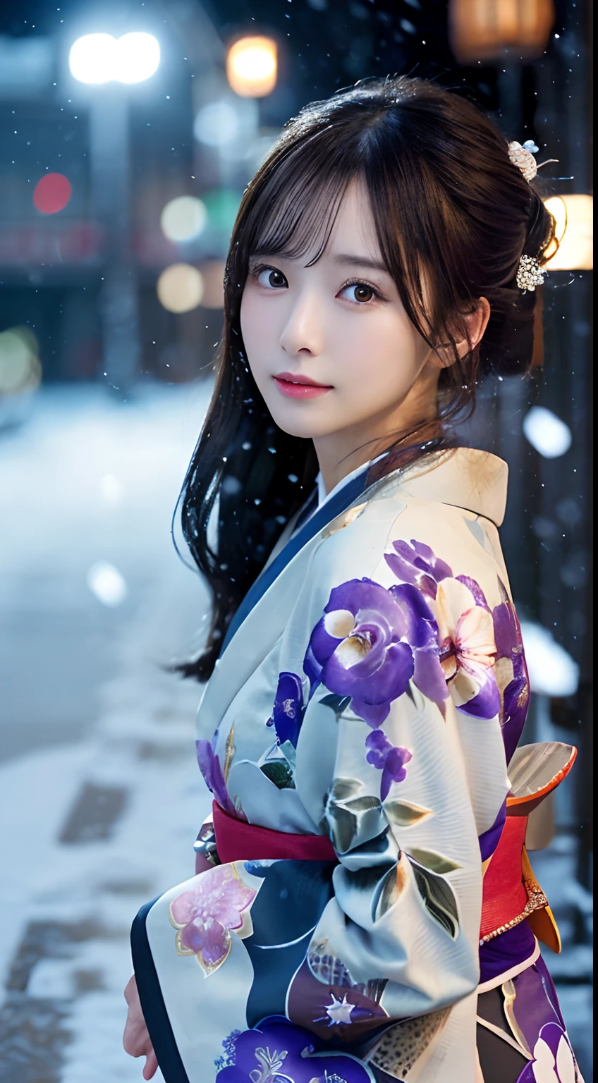 (Kimono)、(top-quality,​masterpiece:1.3,超A high resolution,),(ultra-detailliert,Caustics),(Photorealsitic:1.4,RAW shooting,)Ultra-realistic capture,A highly detailed,high-definition16Kfor human skin、 Skin texture is natural、、The skin looks healthy with an even tone、 Use natural light and color,One Woman,japanes,,kawaii,A dark-haired,Middle hair,(depth of fields、chromatic abberation、、Wide range of lighting、Natural Shading、)、(Exterior light at night:1.4)、(Falling snow:1.2)、(Hair swaying in the wind:1)、(Light reflecting snow:1.3)