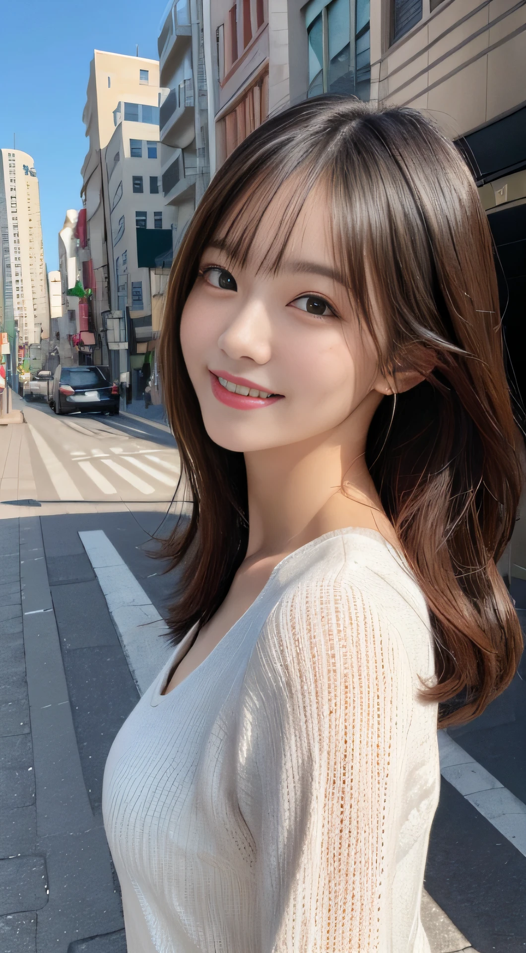 masutepiece, Best quality, illustration, Ultra-detailed, finedetail, A high resolution, 8K wallpaper, Perfect dynamic composition, Beautiful detailed eyes, doress,Medium hair, Mid-chest, Natural color lips, Random and sexy pose,Smile,Castle Peak Street sidewalk、20 years girl