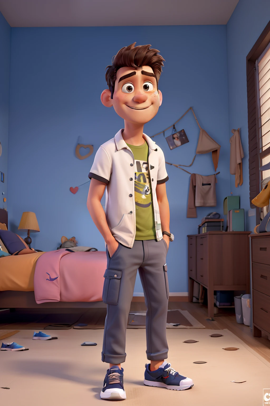 Imagem estilo pixar de um jovem de cabelos cacheados com Notebook, camisa preta e bermuda, wearing Nike sneakers in the bedroom