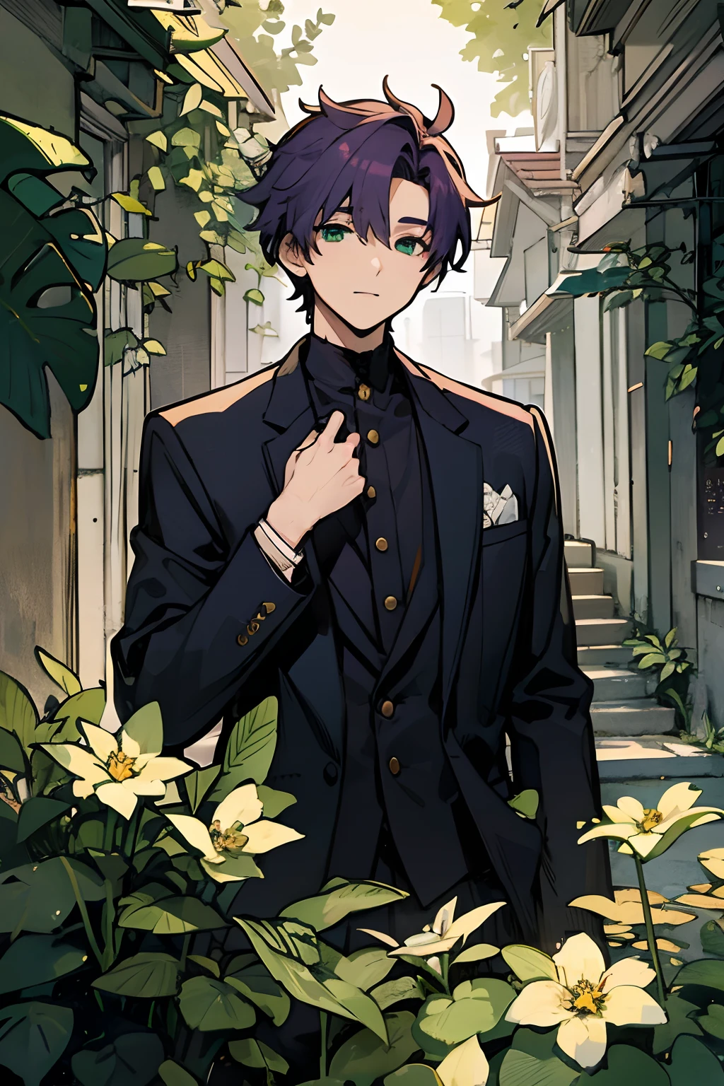 Male character, Jumin Han, two block haircut, two side hair style, short hair, dark purple hair, green eyes, elegant background, soft smile, handsome character, aesthetic and beautiful, illustration, professional digital artwork, rich clothes with a black jacket, cool, masterpiece, high quality, close up, fine Facial Details, Facial details, cinematic lighting, (depth of field), UHD, (upper body)