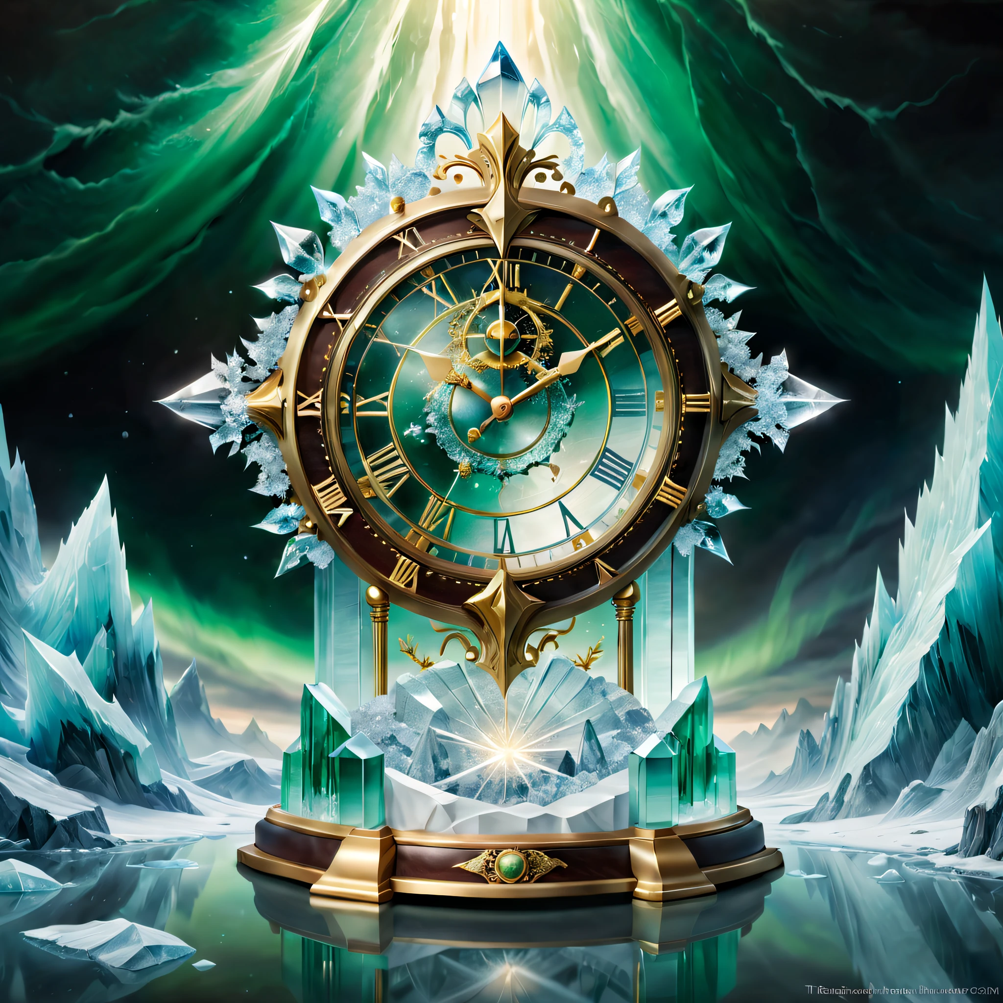 clock_realm, clock, IvoryGoldAI, fantasy, Asgard, The clock of Asgard,The clock gate of the gods of Norse mythology,Asgard Clock,((The material of the clock is made entirely of crystal and ice crystals,Transparent and white,Ice clear and jade)), (Conceptual art, Ghibli-like colours, Hyperrealism, UHD, masterpiece, ccurate, anatomically correct, super detail, award winning, best quality, highres, 8k,The picture is bright,Global illumination,high saturated)