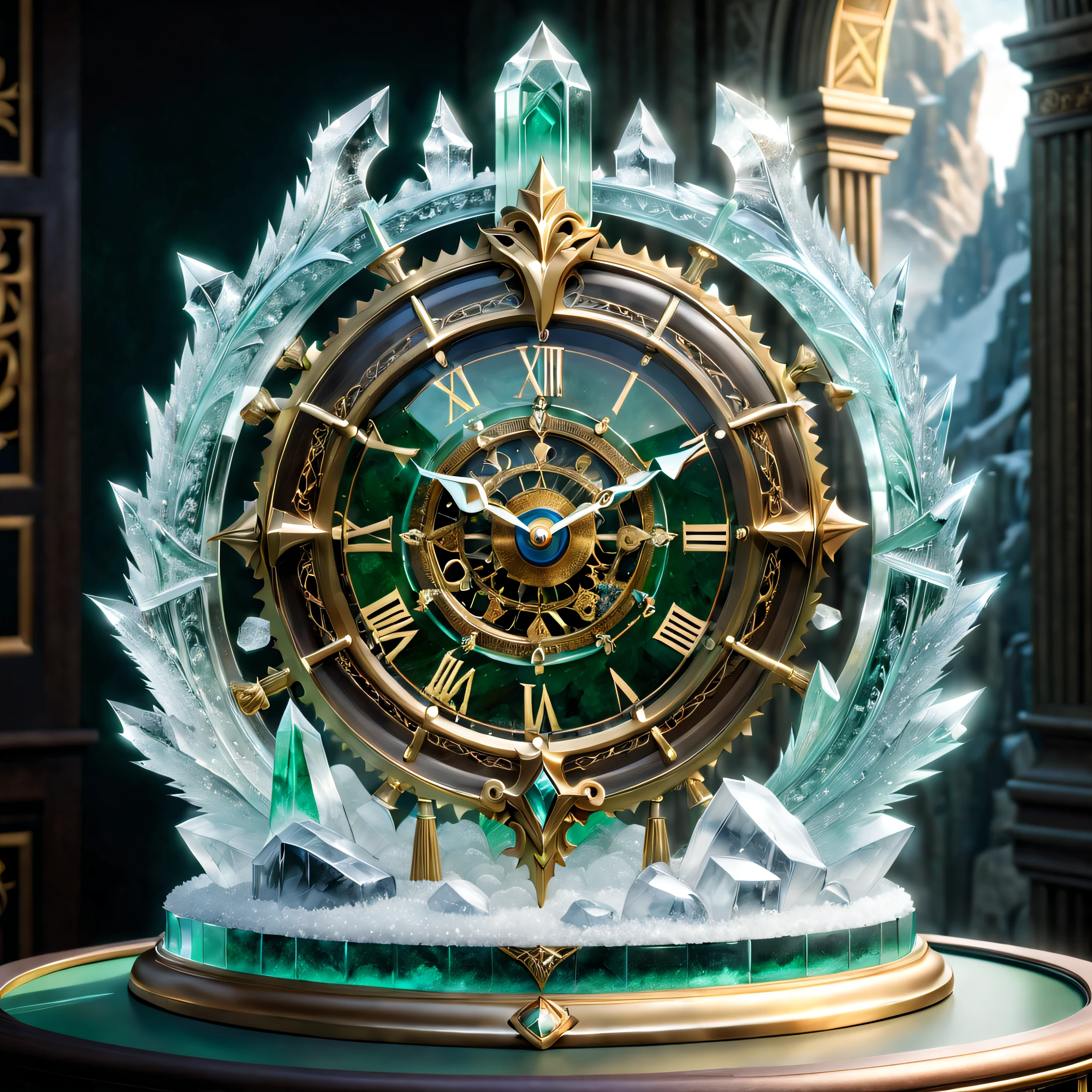clock_realm, clock, IvoryGoldAI, fantasy, Asgard, The clock of Asgard,The clock gate of the gods of Norse mythology,Asgard Clock,((The material of the clock is made entirely of crystal and ice crystals,Transparent and white,Ice clear and jade)), (Conceptual art, Ghibli-like colours, Hyperrealism, UHD, masterpiece, ccurate, anatomically correct, super detail, award winning, best quality, highres, 8k,The picture is bright,Global illumination,high saturated)