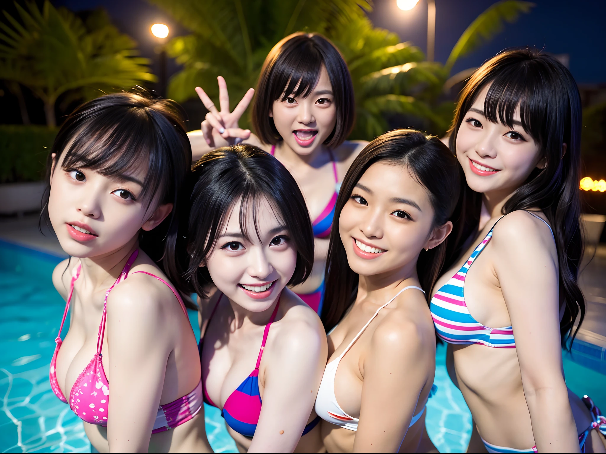 BEST-QUALITY, MASTERPIECE, ULTRA-HIGH-RESOLUTION, (PHOTOREALISTIC:1.4), RAW-PHOTO, ULTRA DETAILES, PERFECT-ANATOMY,
at midnight, ((3girls, 3 members of the most popular Japanese idol group rampaging in night pool, all completely drunk, wearing colorful gorgeous bikini, all smiling innocently)), ((((dynamic-pose:1.3)))), all extremely cute faces like a Japanese famous idol, all amazingly beautiful big black solid circle eyes, all very beautiful white skins, all very beautiful breasts, all very beautiful cleavage, detailed fingers, detailed arms, detailed bodies