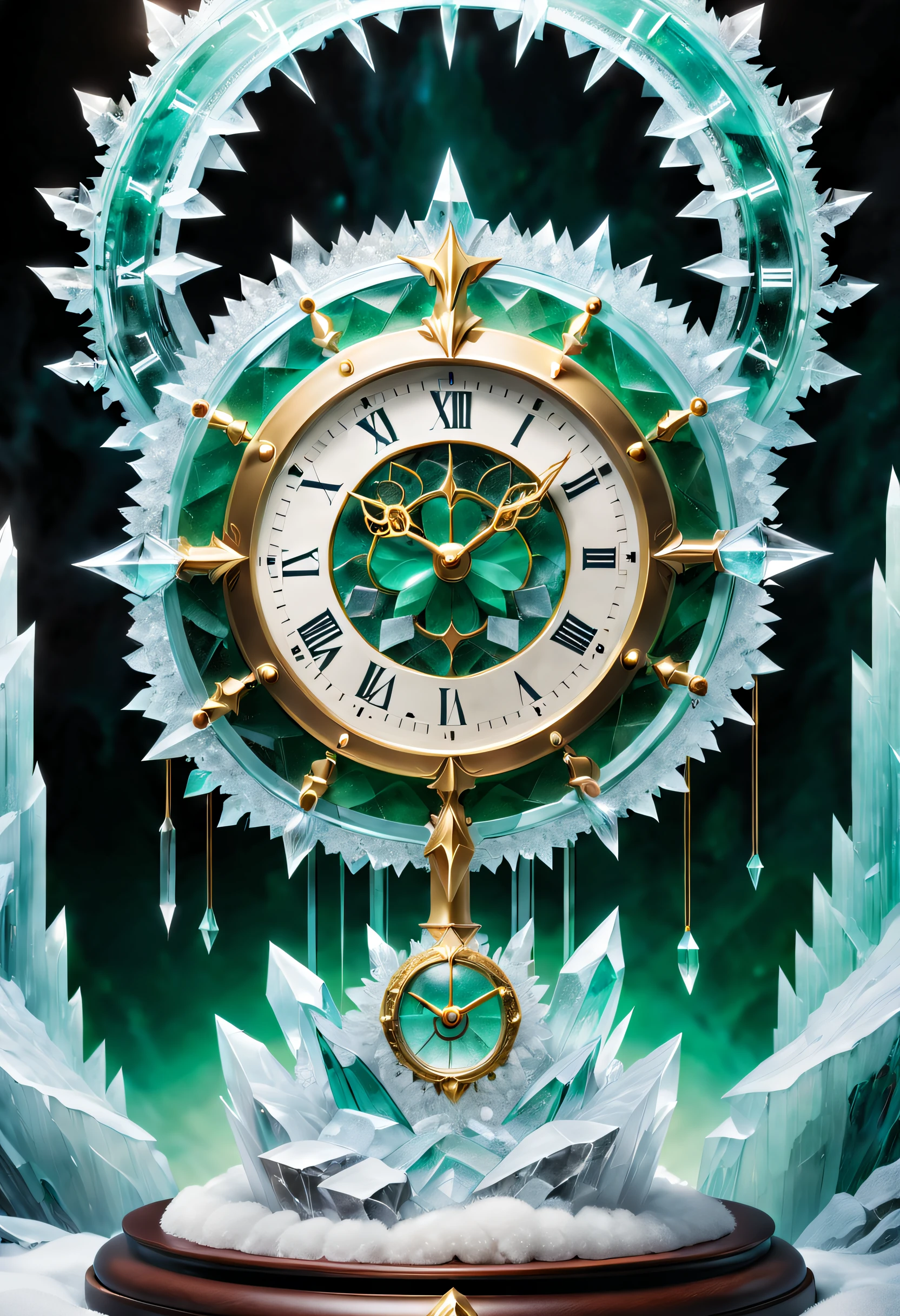 clock_realm, clock, IvoryGoldAI, fantasy, Asgard, The clock of Asgard,The clock gate of the gods of Norse mythology,Asgard Clock,((The material of the clock is made entirely of crystal and ice crystals,Transparent and white,Ice clear and jade)), (Conceptual art, Ghibli-like colours, Hyperrealism, UHD, masterpiece, ccurate, anatomically correct, super detail, award winning, best quality, highres, 8k,The picture is bright,Global illumination,high saturated)