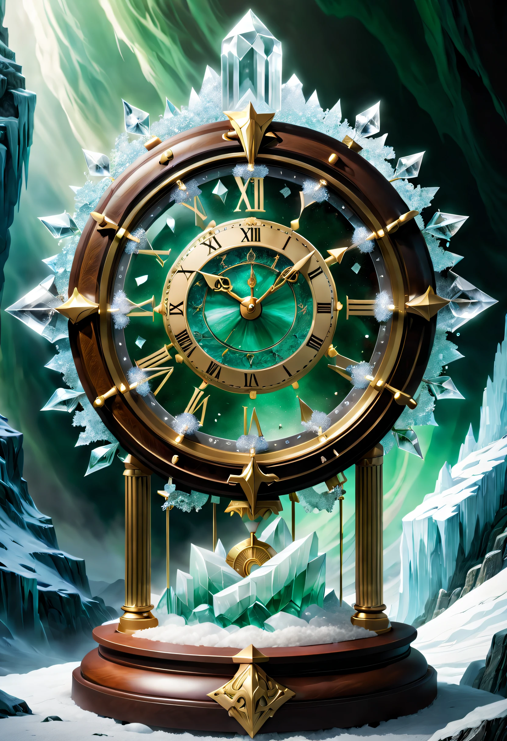 clock_realm, clock, IvoryGoldAI, fantasy, Asgard, The clock of Asgard,The clock gate of the gods of Norse mythology,Asgard Clock,((The material of the clock is made entirely of crystal and ice crystals,Transparent and white,Ice clear and jade)), (Conceptual art, Ghibli-like colours, Hyperrealism, UHD, masterpiece, ccurate, anatomically correct, super detail, award winning, best quality, highres, 8k,The picture is bright,Global illumination,high saturated)
