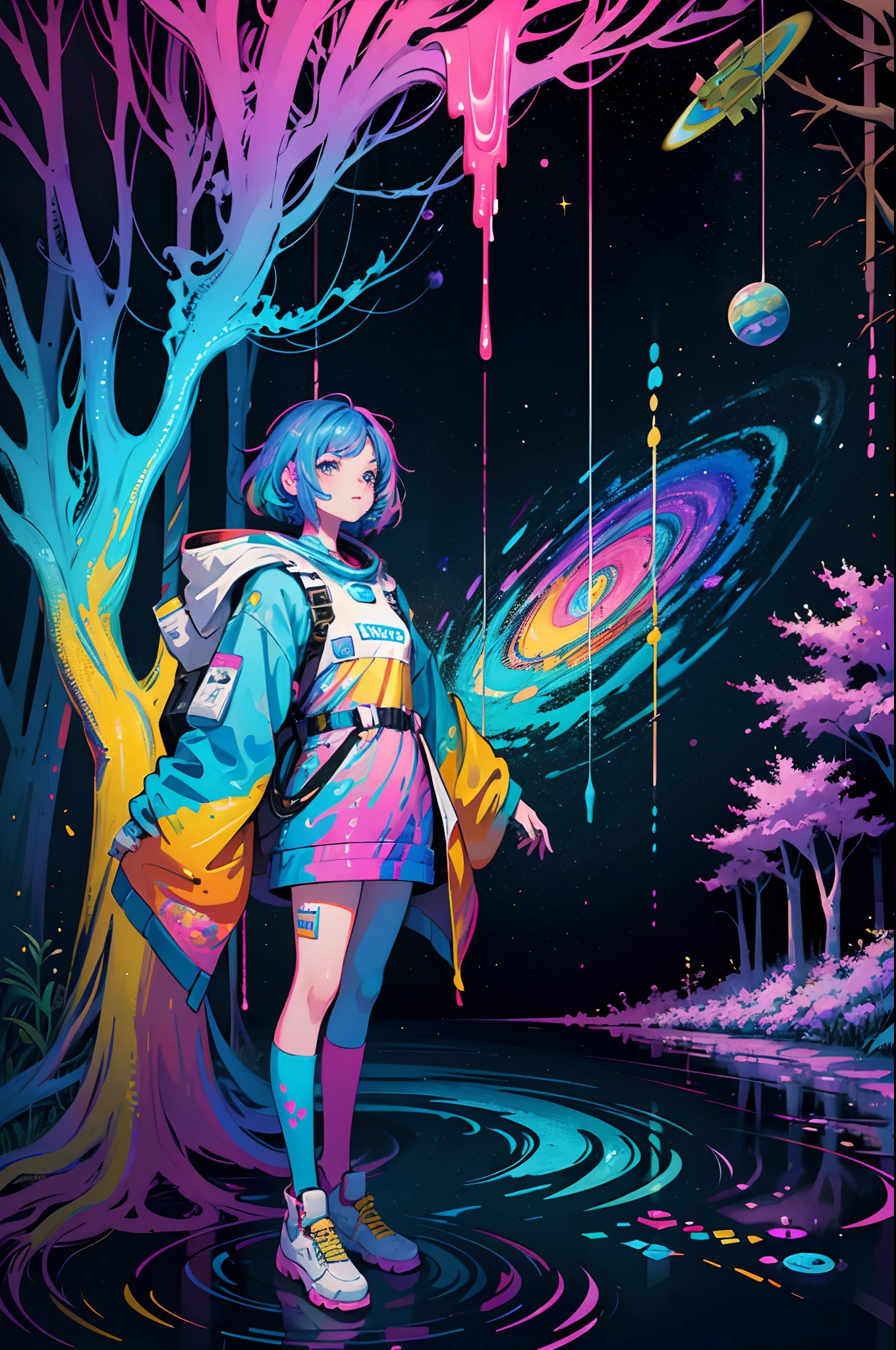 Psychedelic, LSD art, Trip LSD, colorfull, aestethic, vaporwave, astronaut, spacesuit, girl, liquid, trippy, effect, string, in colored liquid, paint, colored ink, trees, forest, lac, colored, lsd