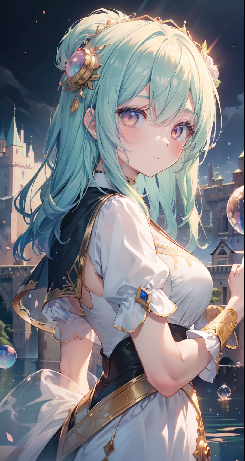 (((masutepiece, Best Quality, 8K resolution, Sharp Focus, Intricate details, Beautiful Girl, Glowing eyes, Golden ratio of the face, Otherworldly liquid, watercolor paiting, ((pastel)), Bright colors, capricious, multiple face, Focus Sharpening, Very high resolution, Fine detail, Fantasy Princess Costume Sexy Ball, ((Round eyes)), Iridescent bubbles, Castle landscape in the background)