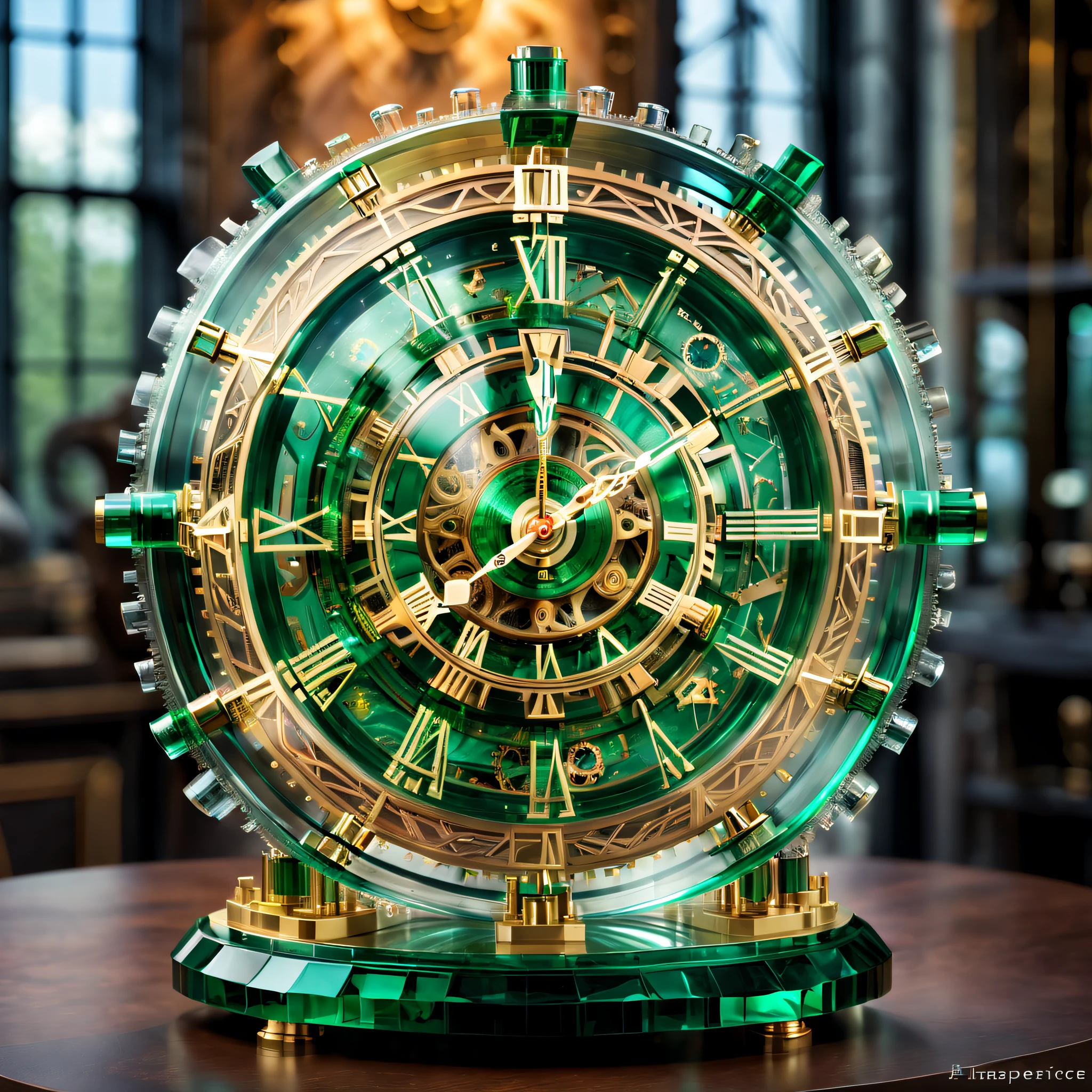 (Formed by colored glazes:1.2), Real, (in a panoramic view:1.3), (Transparency:1.6),(Transparent material:1.6), crystal material, No impurities, National Treasure Rank, (Emerald green:1.2),The tech clock of the future,((Masterpiece)),A clock of the future with a clockwork movement,Exposed movement, (cyber punk perssonage), gear wheel, spring,steampunc, UHR, crystal, laser, future era, Detailed,Intricate,dynamic contrast,hdr,Symmetrical
