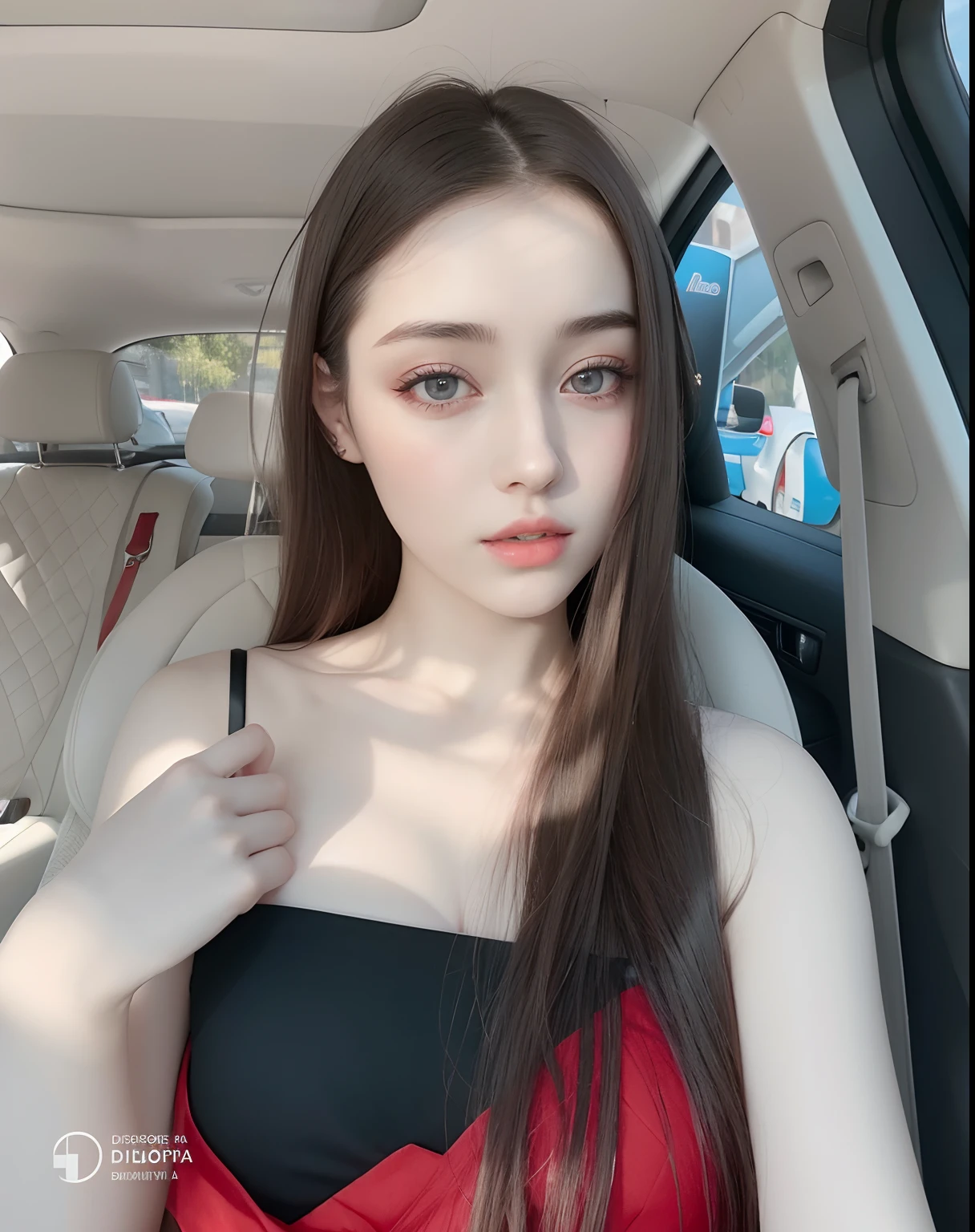 Hay una mujer sentada en un coche con un vestido rojo, dilraba dilmurat, 19 year old girl, 1 8 yo, pale, shiny skin, pale fair skin!!, natural soft pale skin, 18 years old, pale porcelain white skin, (12x) extremely pale white skin, 2 4 year old female model