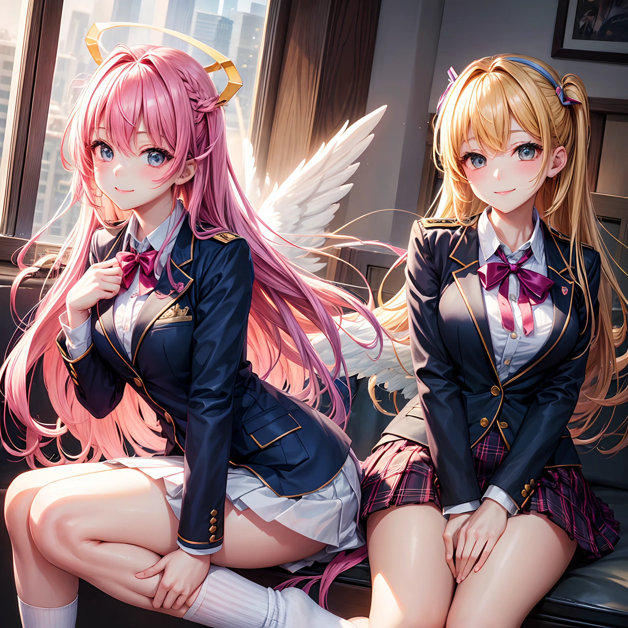 Beautiful girl with colorful hair,She is an angel.、It's Yandere,A smile,masterpiece,超A high resolution,Ribbon on uniform,Cute Blazer,Beautiful Beautiful Girl,Perfect Beautiful Girl,Excellent style,Loose socks,girl,