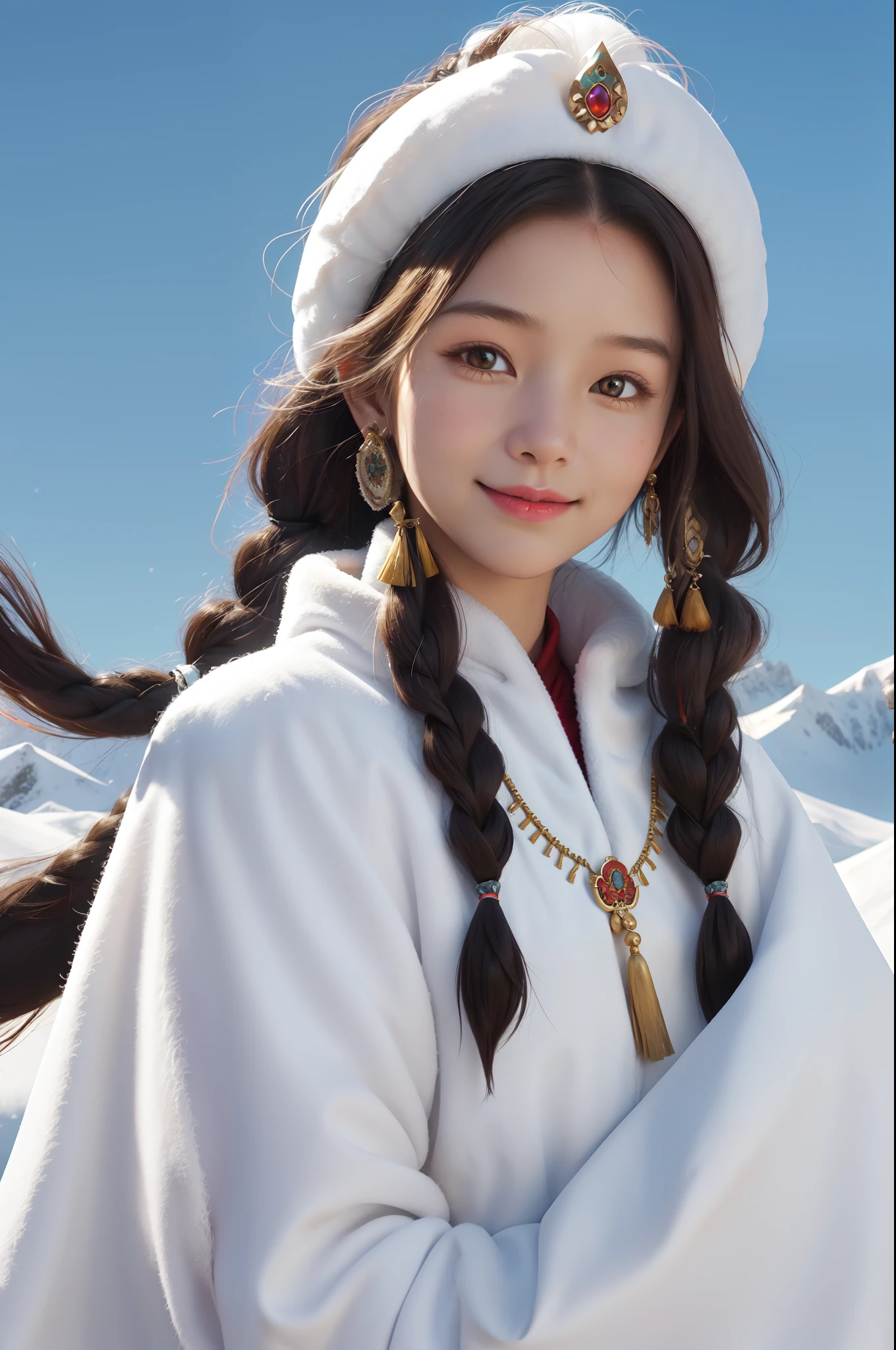 A girl, long braids, Tibetan girl, close-up, slightly raised head, smile, bust photo, upper body, Tibetan clothing, clothes with fluff, white flut, high-end Tibetan clothing, cumbersome Tibetan clothing design, cold clothing, winter clothing, appearance Yang transcendence, round face shape, gorgeous Tibetan clothing, cumbersome Tibetan necklace, cumbersome Tibetan headdress, live-action CG, sweet style, film style, HD 4K, photography effects, studio effects, white halo, mythological wind, snowfield background, character core, Picture ratio 16:9,