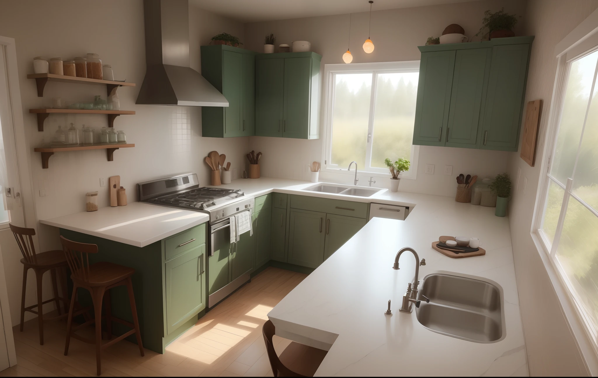 12x12 kitchen. Two walls are open. Window above the sink on the back wall. U shaped kitchen design with an island bar along one of the open walls. Moody green upper Kitchen cabinets with small open wood shelves tucked in the corner. White veiny quartz island and countertops. Island is attached to the wall on one end. Kitchen upper cabinets around the sink window. White countertop