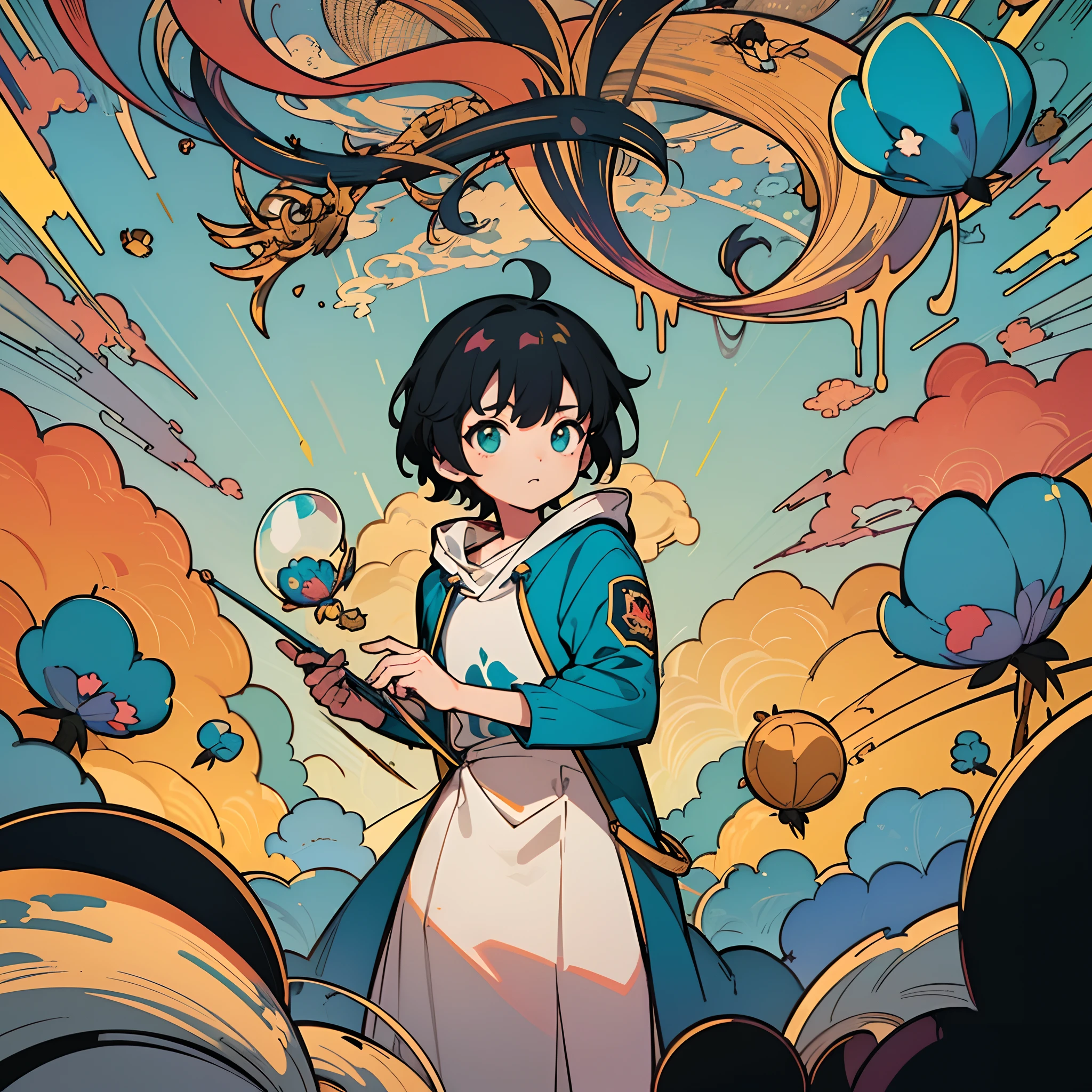 (masterpiece), (best quality), (ultra detailed), (illustration), (1man), short hair, black haired, ikemen, cool, standing, looking at viewer, illustration, pop art, (detailed background), beautiful detailed eyes, Floating, (high saturation), (colorful splashes), colorful bubble, (shining), focus on face, floating flowers, (shining), best lighting, best shadow, 1male solo