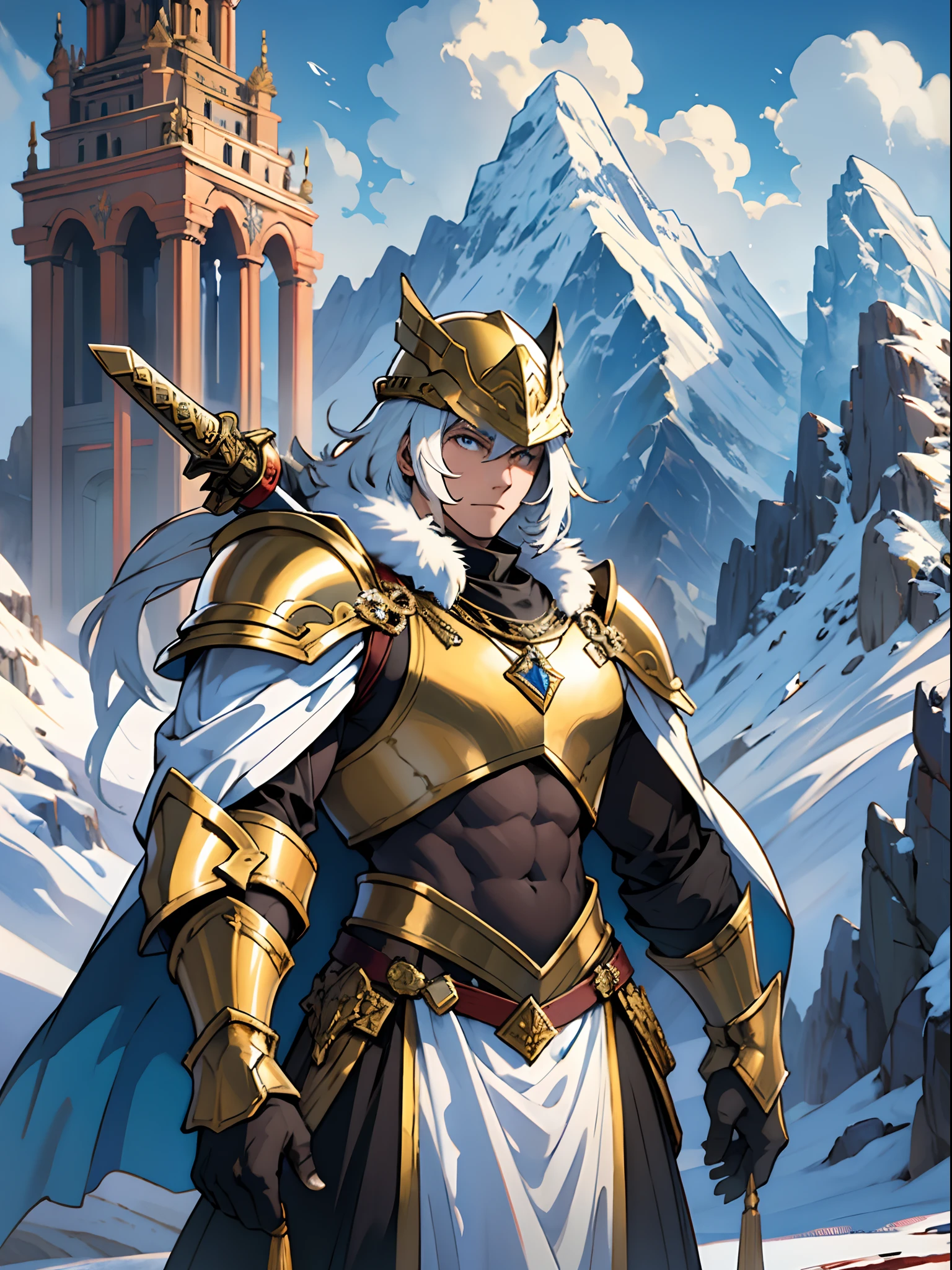 A soldier,Heavy armor,A heavy golden two-handed sword,Majestic palace on snow-capped mountains in the background