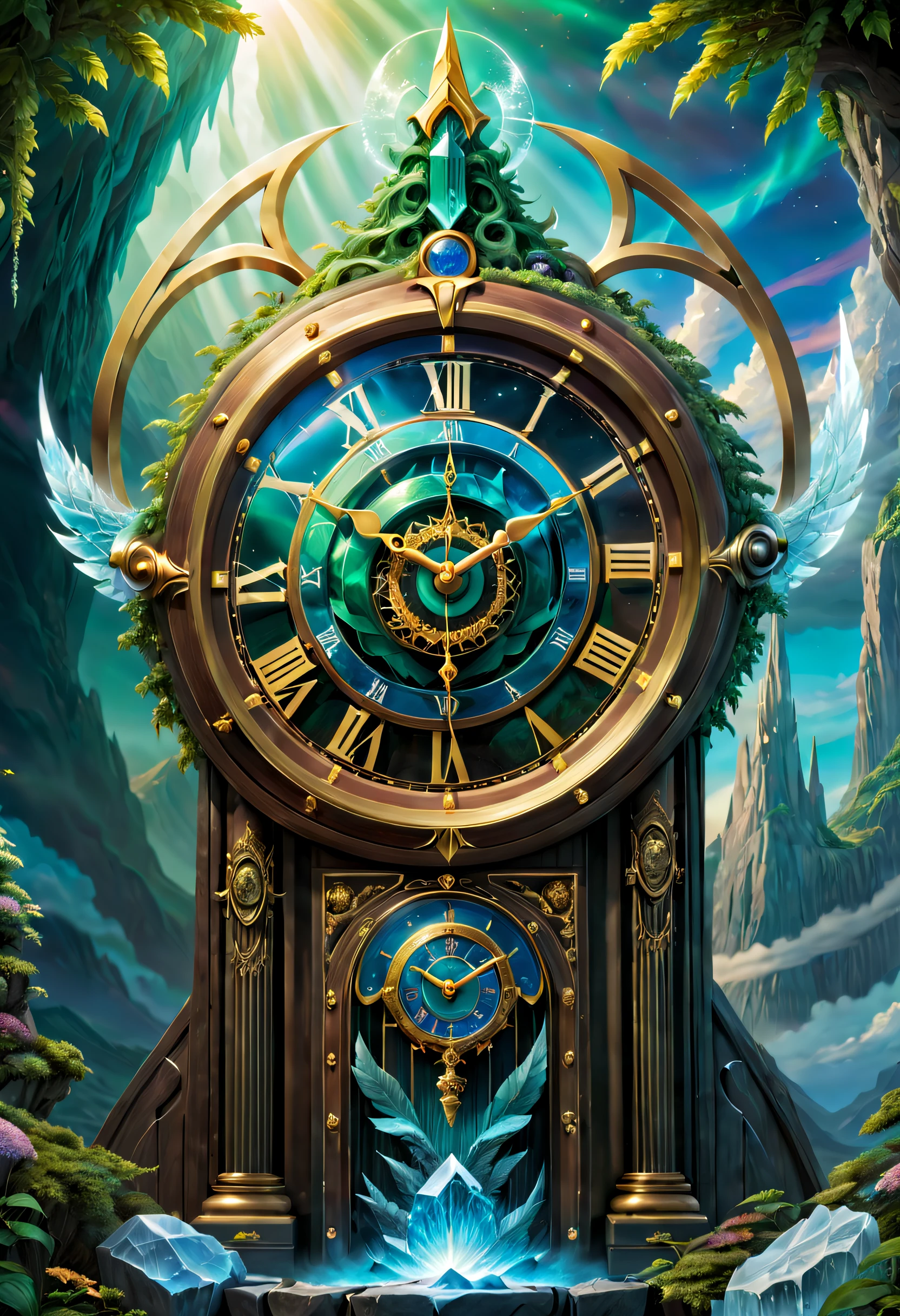 clock_realm, clock, IvoryGoldAI, (Conceptual art, Ghibli-like colours, Hyperrealism, UHD, masterpiece, ccurate, anatomically correct, super detail, award winning, best quality, highres, 8k，The picture is bright，Global illumination，high saturated), fantasy, Asgard, The clock of Asgard，The clock gate of the gods of Norse mythology，Asgard Clock，Made entirely of crystal and ice crystals，Transparent and white，Ice clear and jade