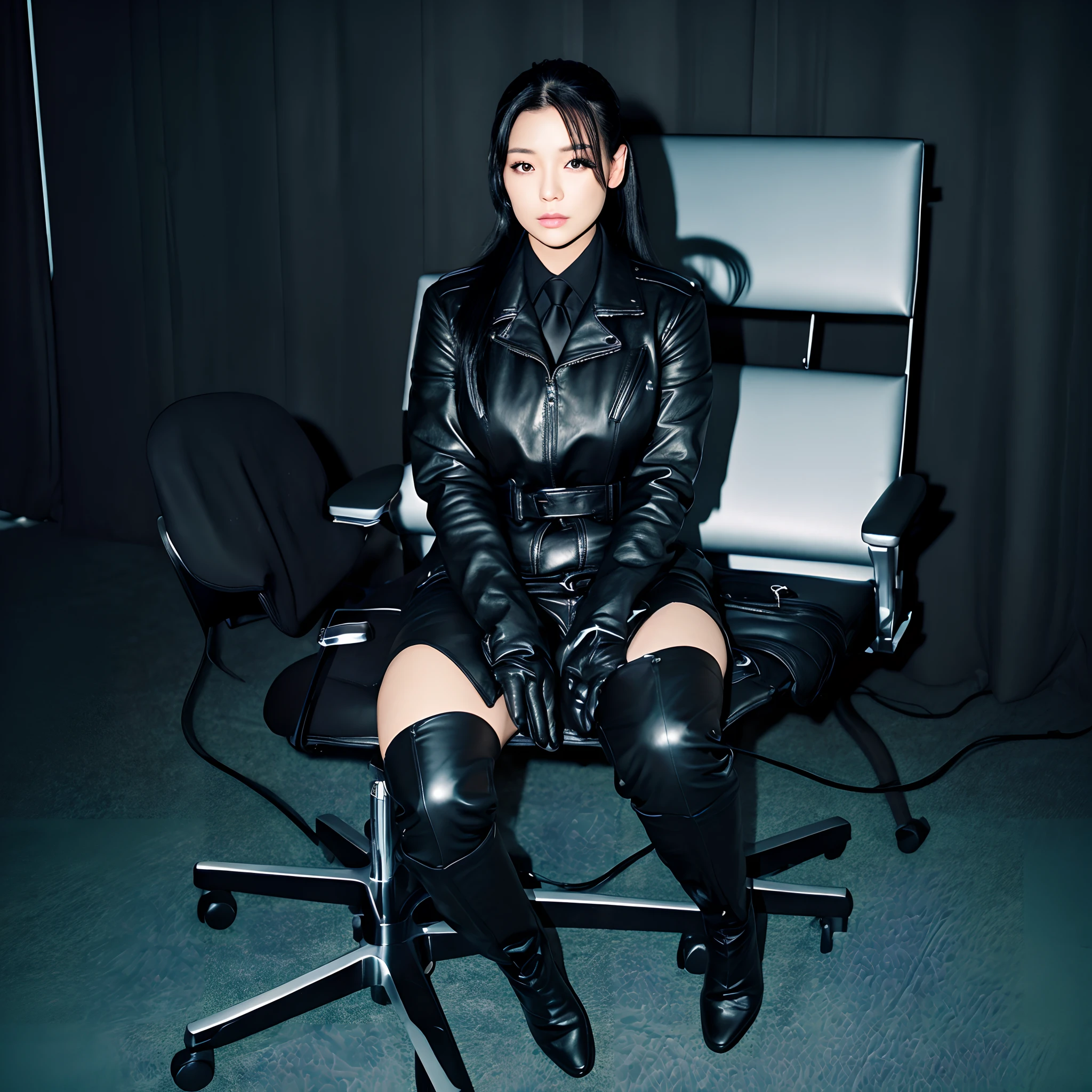 Wearing a black business pantsuit, Office in the Dark, facing a desk、While looking at the screen, he taps the keys on the black laptop keyboard with the fingertips of the black leather gloves of both hands,Sitting on a large chair with a black leather backrest、 Japan Female New Employees (Black leather gloves cover both hands) (The angle is frontal)、Black leather long boots、Black hair ponytail (He wears black leather gloves on both hands)