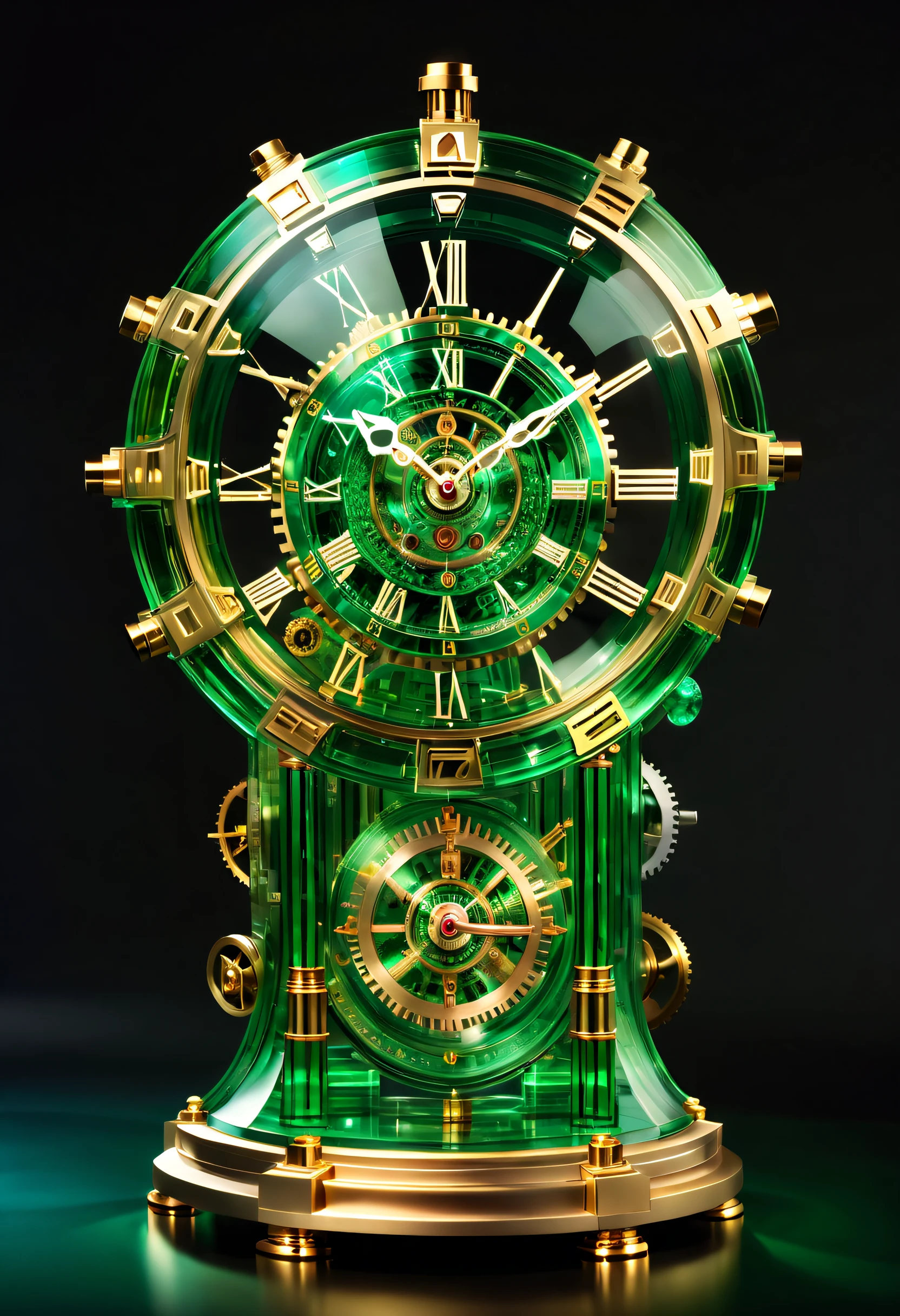 (Formed by colored glazes:1.2), Real, (in a panoramic view:1.3), (Transparency:1.6),(Transparent material:1.6), crystal material, No impurities, National Treasure Rank, (Emerald green:1.2),The tech clock of the future,((Masterpiece)),A clock of the future with a clockwork movement,Exposed movement, (cyber punk perssonage), gear wheel, spring,steampunc, UHR, crystal, laser, future era, Detailed,Intricate,dynamic contrast,hdr,Symmetrical