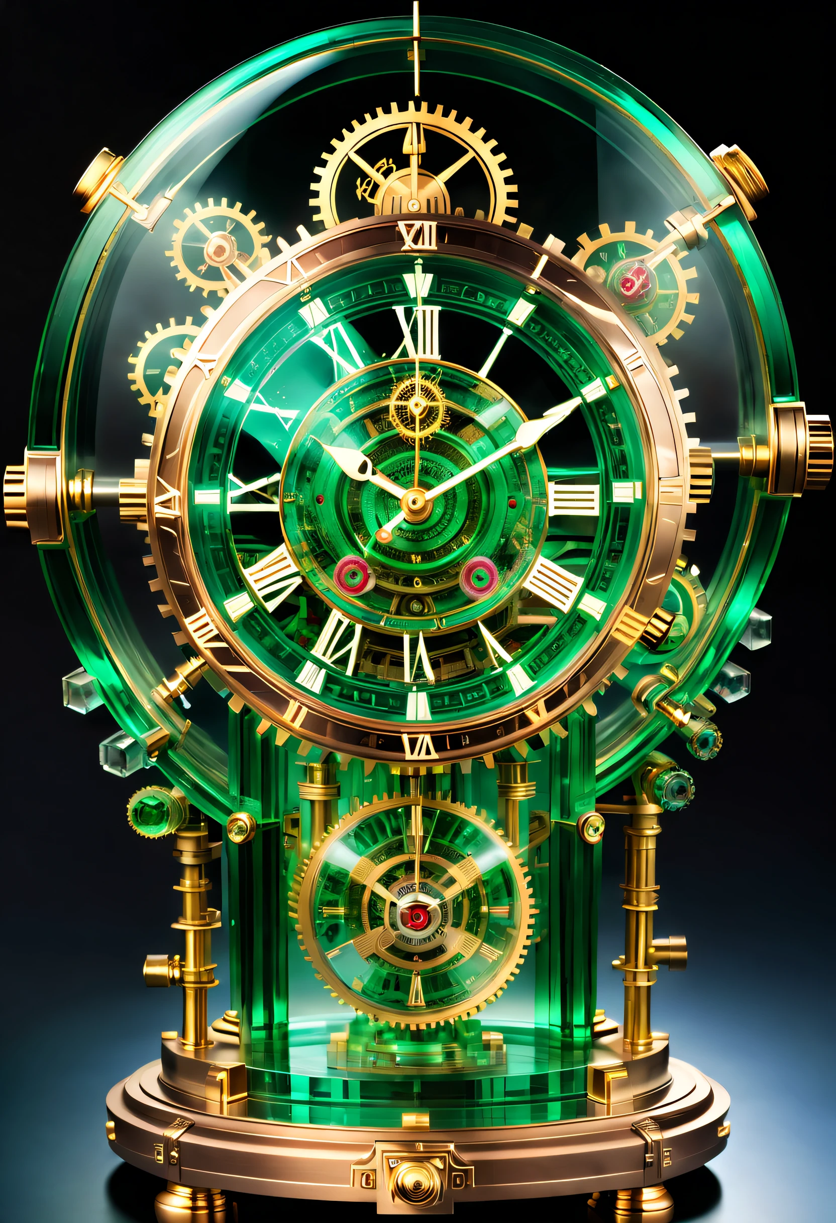 (Formed by colored glazes:1.2), Real, (in a panoramic view:1.3), (Transparency:1.6),(Transparent material:1.6), crystal material, No impurities, National Treasure Rank, (Emerald green:1.2),The tech clock of the future,((Masterpiece)),A clock of the future with a clockwork movement,Exposed movement, (cyber punk perssonage), gear wheel, spring,steampunc, UHR, crystal, laser, future era, Detailed,Intricate,dynamic contrast,hdr,Symmetrical