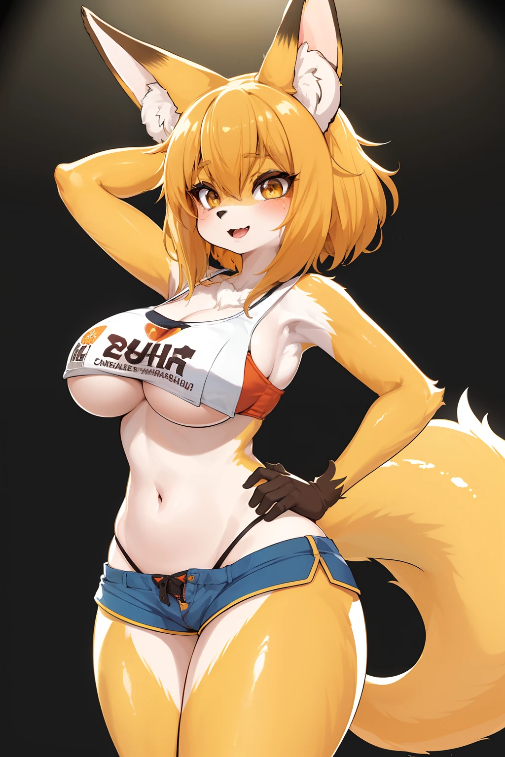 1girl, (furry female:1.1), Kitsune, Cabelo laranja, Olhos vermelhos, orelhas de raposa, cauda de raposa: 1.25, pele do corpo: 1.75, obra-prima, sem camisa, shorts vermelhos, (folha de bordo vermelha \(simbol\):1.25), \:|, (cheeleader:1.25), Canada, Hockey Arena Background, Dentro de casa, dingy gym, middlebreasts