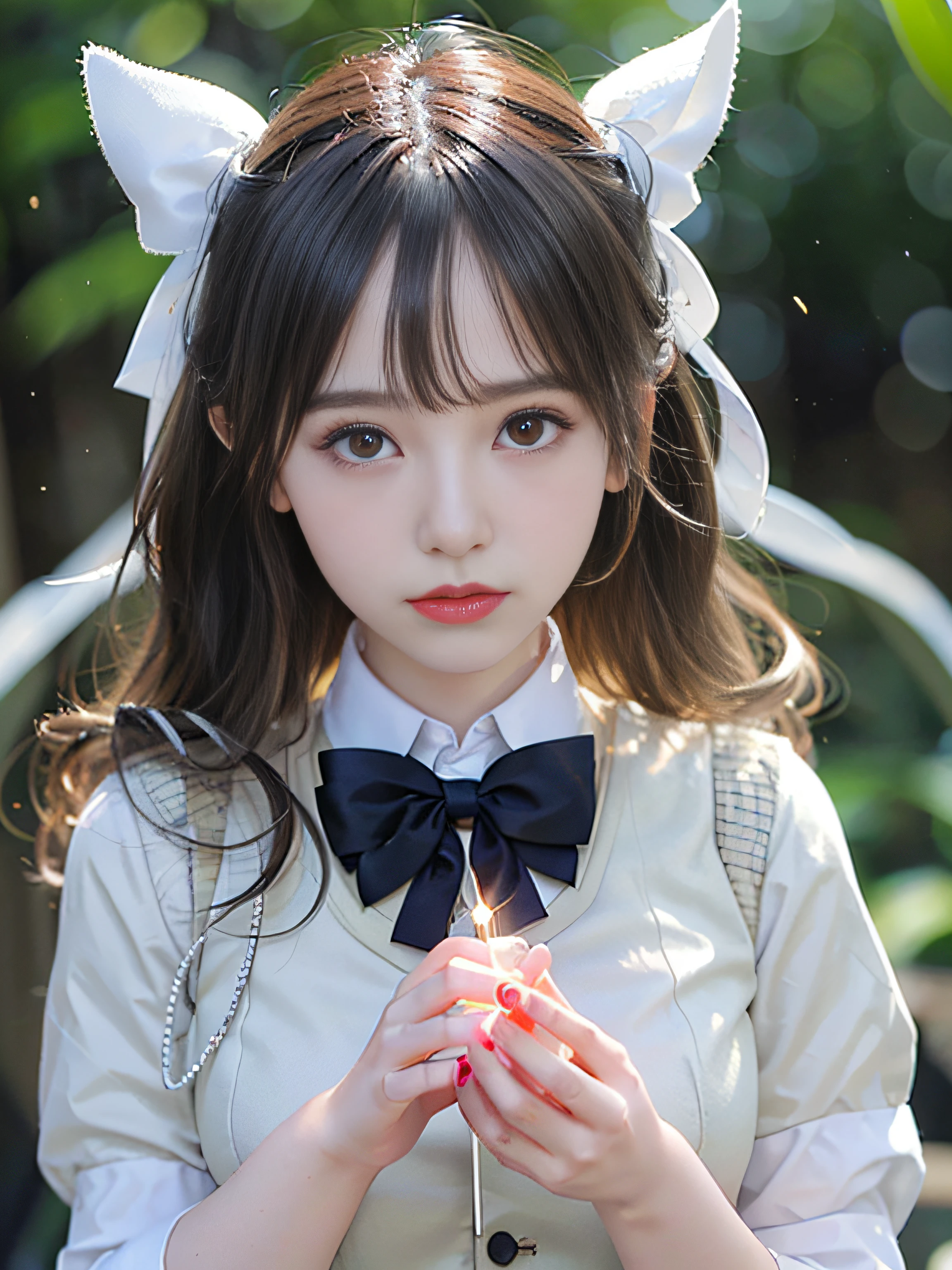 top-quality、​masterpiece、超A high resolution、(Photorealsitic:1.4)、Raw photo、Detailed CG image quality、cyberpunked、Beautiful fece、(1 Magical Girl)、sixteen years old, (Twin-tailed black hair:1.4), (White ribbon stopping hair), (Platinum Silver Accessories:1.4)、(White School Uniform:1.4)、(big breasts thin waist)、(Purple eyes:1.3), (radiant eyes), (Mystical powers:1.2), (Holding a white wizard wand:1.4), (A pale and fierce ball of light emanating from the wand:1.4). detailed portrait、8K picture quality、bright colour、concept-art、Cinematic and dramatic atmosphere、foco nítido、Volumetric lighting、Cinematographic lighting、Wearing studio quality、(Neon lighting)、depth of fields、Ambient lighting、Blurred foreground、blurry backround:1.3、(Blue summer sky:1.4), (Midsummer sunshine:1.4),