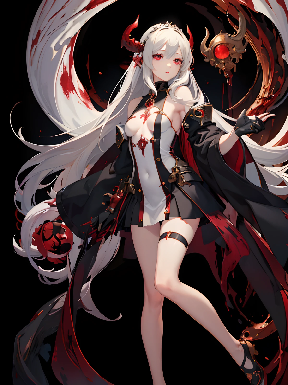 ((masterpiece,best quality)),Beautiful detailed eyes, detailed face, 1 girl,white long hair, red eyes, small size breasts,beholder's look, blood on face, (black background:1.2), blood particles, full body,