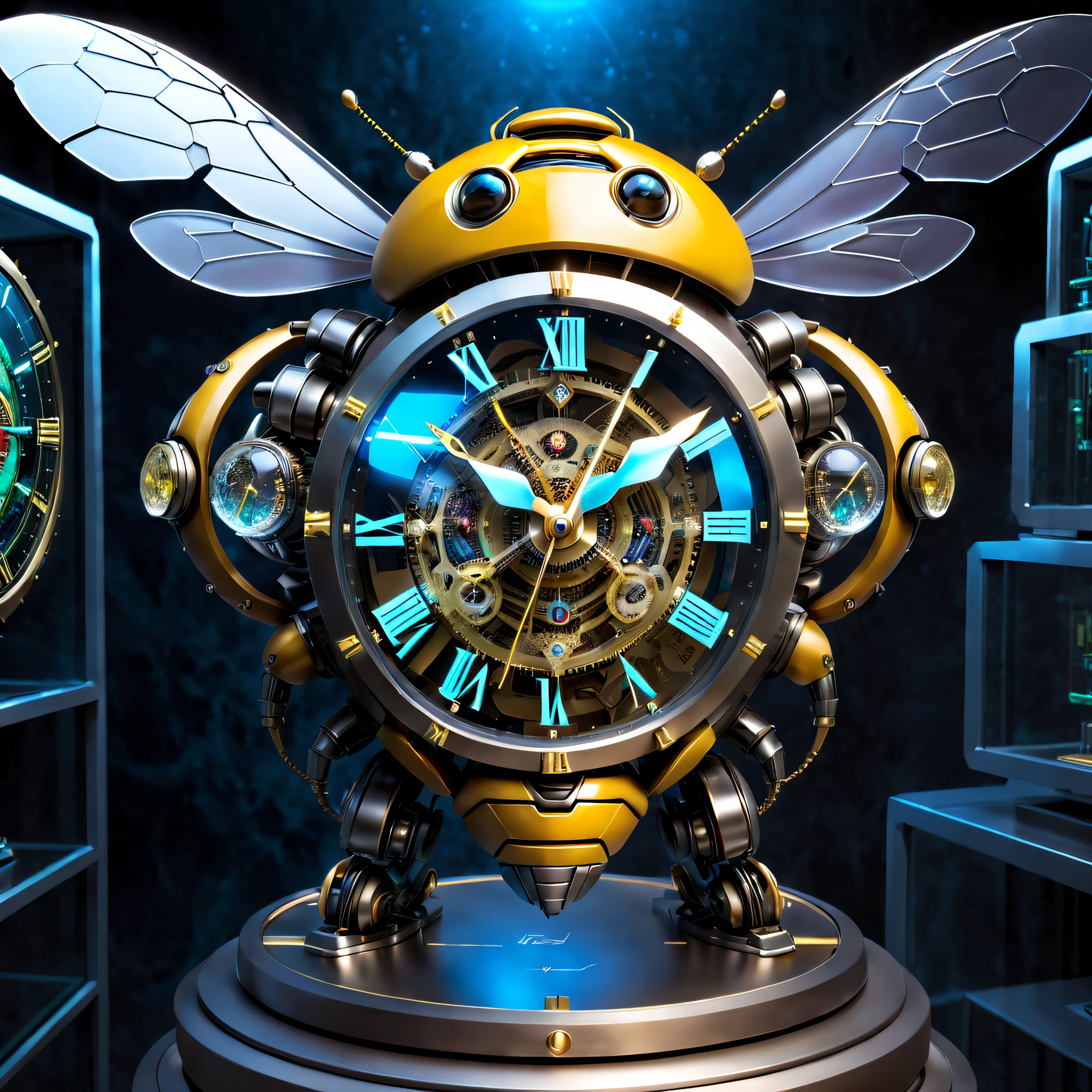 The clock of the future, (Except for the clock,Nothing),(No Man), (A complex futuristic clock made by a Bumblebee mech,The head of the Bumblebee mech is engraved on the clock,The entire clock is made of titanium and crystal glass construction,Sci-fi from start to finish,Details with metallic ice texture,Mechanical technology process manufacturing of the future,metallic luster,Icy mechanical line beauty, Unix terminals, Mono Color, Clean user interface with high contrast, Concise background,Clock Ads,Time Lord's clock), Colorful colorful, luxury goods,(Positive image, product-view), solofocus,(tmasterpiece), high qulity,1.4 times real, Simple icons, art stations,clock,IvoryGoldAI