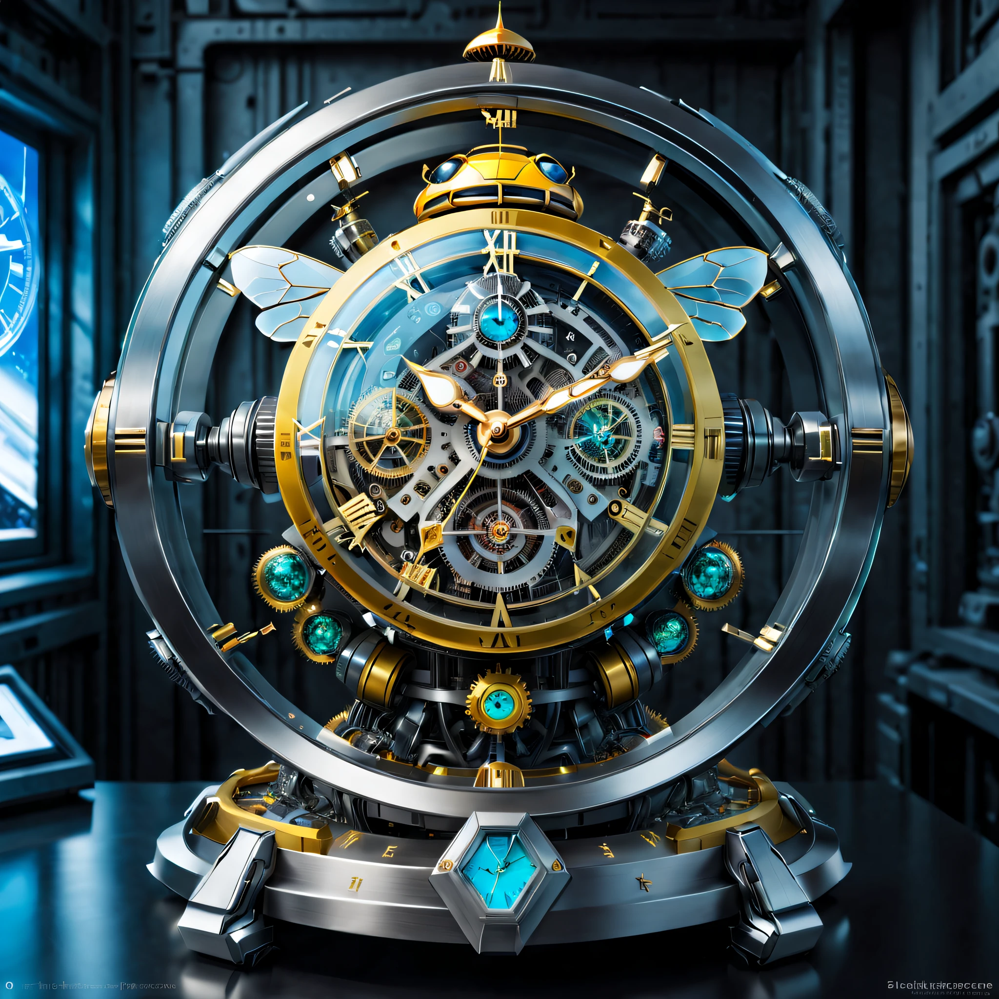 The clock of the future, (Except for the clock,Nothing),(No Man), (A complex futuristic clock made by a Bumblebee mech,The head of the Bumblebee mech is engraved on the clock,The entire clock is made of titanium and crystal glass construction,Sci-fi from start to finish,Details with metallic ice texture,Mechanical technology process manufacturing of the future,metallic luster,Icy mechanical line beauty, Unix terminals, Mono Color, Clean user interface with high contrast, Concise background,Clock Ads,Time Lord's clock), Colorful colorful, luxury goods,(Positive image, product-view), solofocus,(tmasterpiece), high qulity,1.4 times real, Simple icons, art stations,clock,IvoryGoldAI