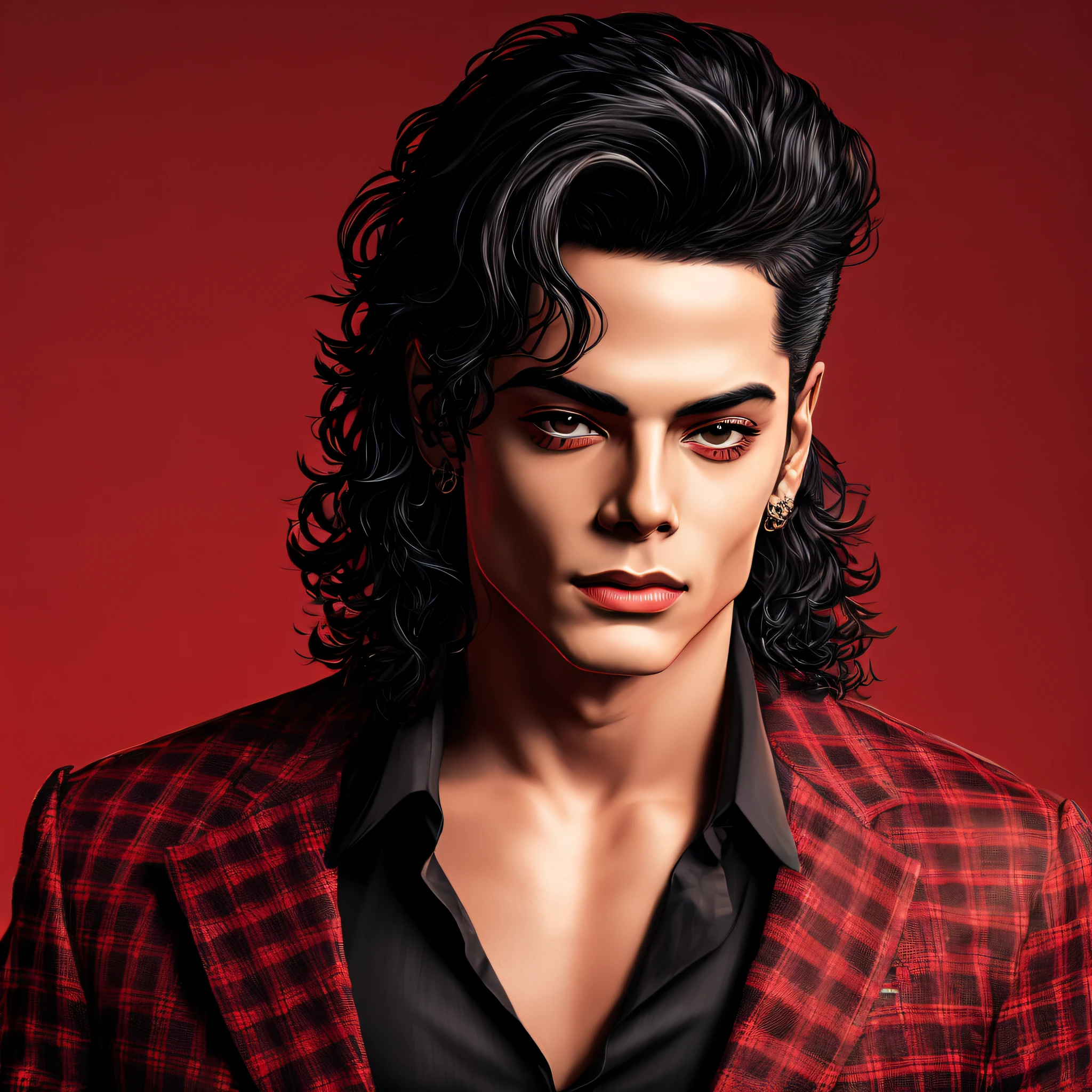 Michael Jackson, with a very beautiful face, there is no hair on his face just the skin on his face, curved eyebrows, with a hole in his chin, thin nose, half angled half oval face, long curly black hair, in red and black checkered outfit, cinematic style.