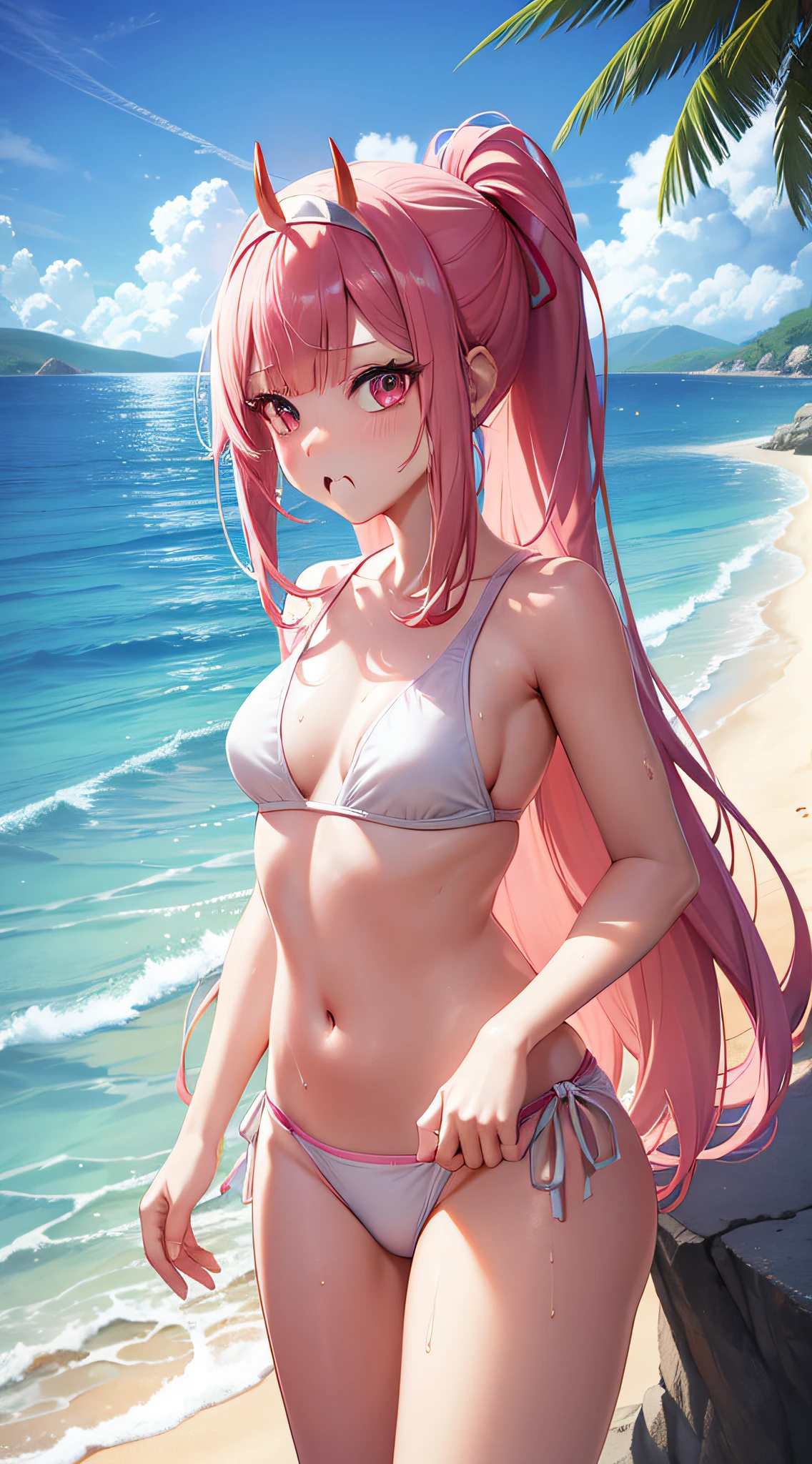 Create a female character, It looks like Zero Two, Dell Anime Darling in the Franks, People with pink hair, Horned hair ribbons, swim wears, wet​, Water in your body, Beach in the background, She eats ice cream, glowing sun, Reflection of the sea, 4K, the detailed images, good quality, many details.