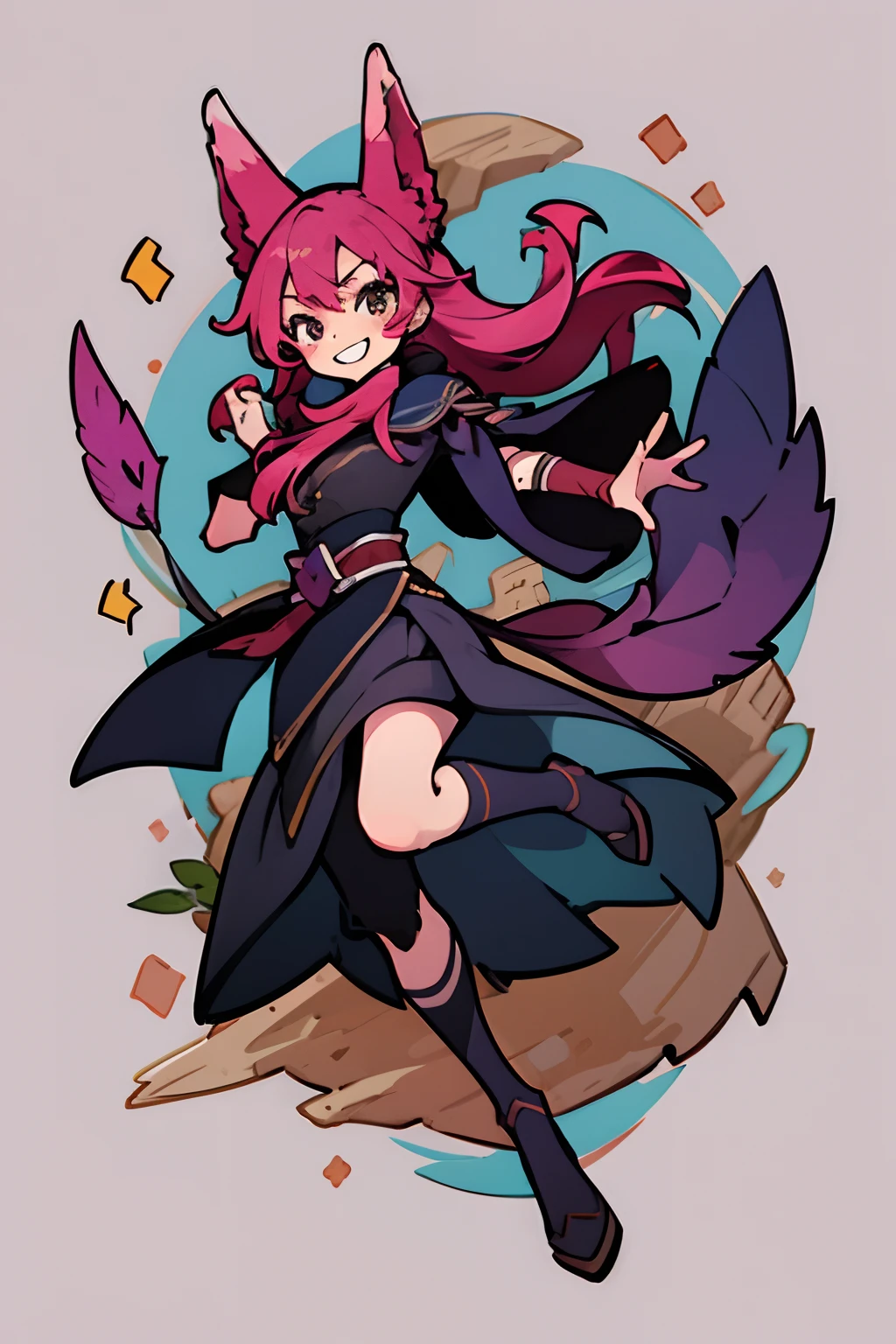 Female character, 1girl, xayah ears, hard pink hair, league of legends, onmyoji detailed art, Xayah from league of legends, pop, illustration, colorful, masterpiece, detailed, high quality, fancy character, excited, happy, pink feathers in hand, professional artwork, official art, fan art, fancy background, smiling, blush, angry smile, smirk, having fun, fighting pose