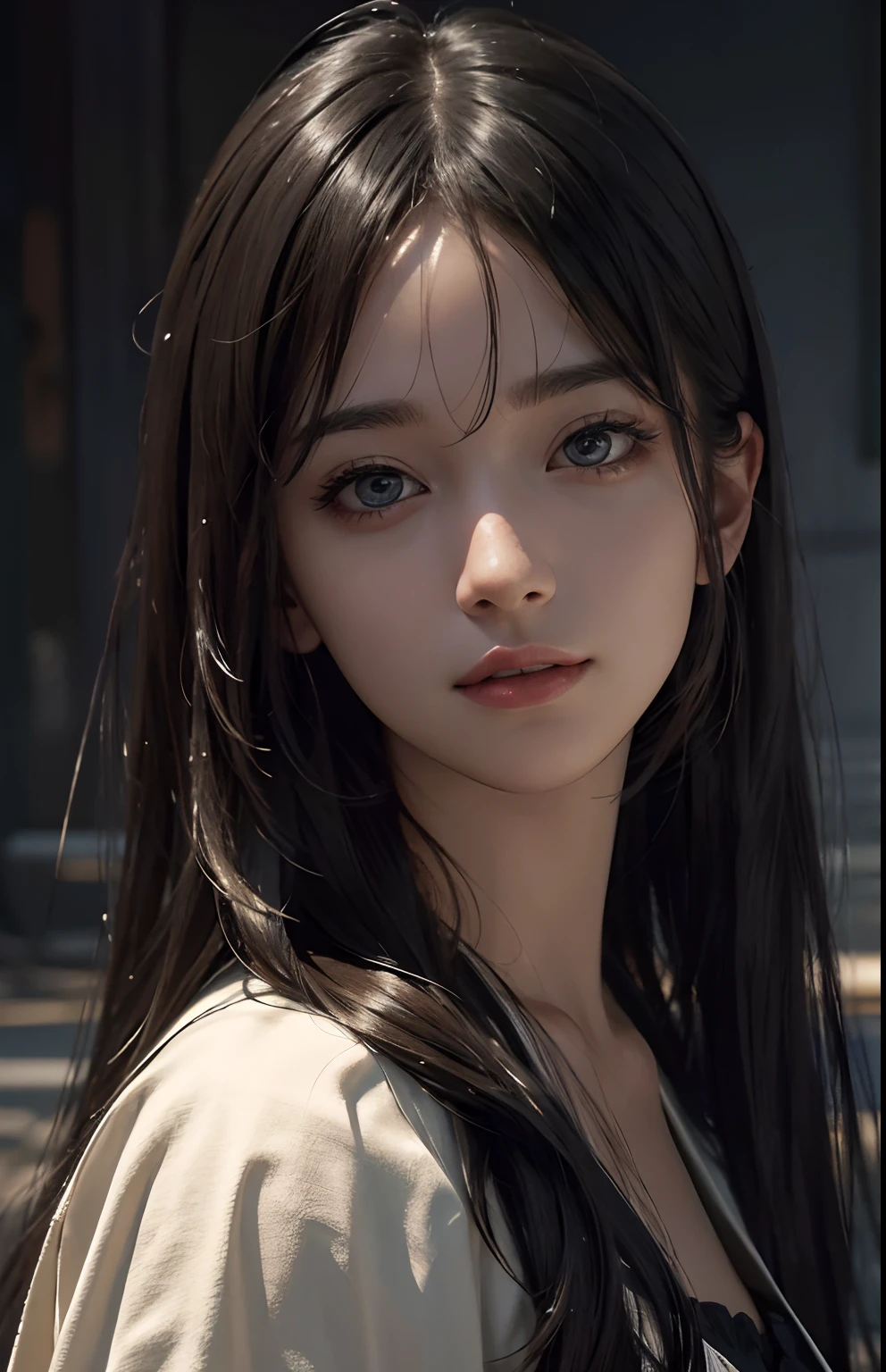 (Ultra Realistic), (Illustration), (Increased Resolution), (8K), (Extremely Detailed), (Best Illustration), (Beautiful and Detailed Eyes), (Best Quality), (Ultra Detailed), (Masterpiece ), ( wallpaper), (detailed face), solo, 1 girl, looking at viewer, fine details, detailed face, in the dark, deep shadows, low key, pureerosfaceace_v1, smiling, long hair, black shawl straight hair , 46 points oblique bangs