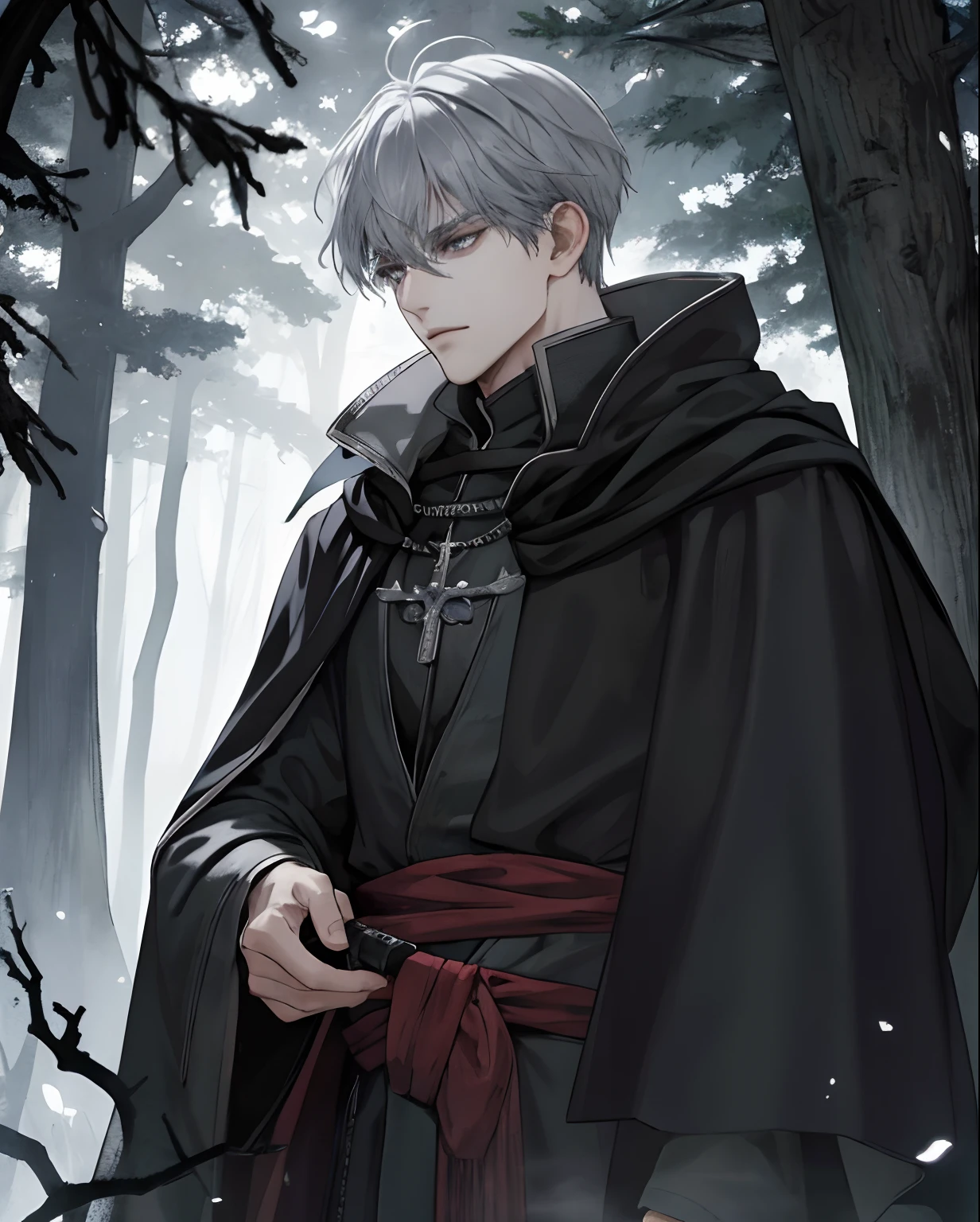 1male, adult, beautiful, grey hair, black eyes, detailed eyes, black cloak, dark sorcerer, rogue mage, alone in a dark forest, depressed, medieval fantasy, blood magic, monsters