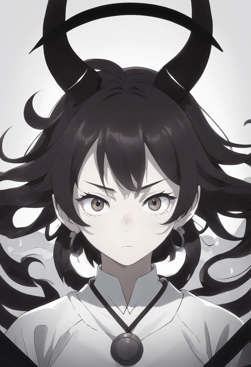 Black and white image with minimalist style depicting a thin circle with an oni head (Japanese demon