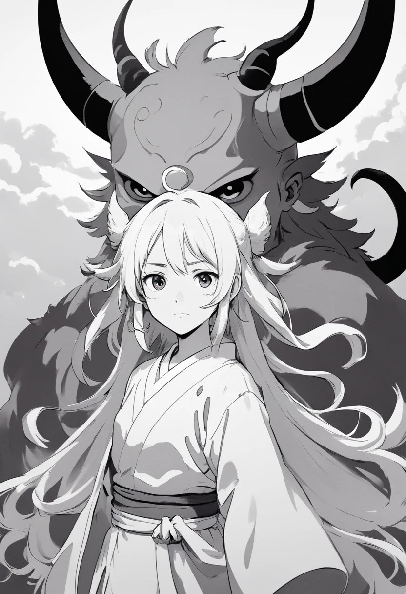 Black and white image with minimalist style depicting a thin circle with an oni head (Japanese demon