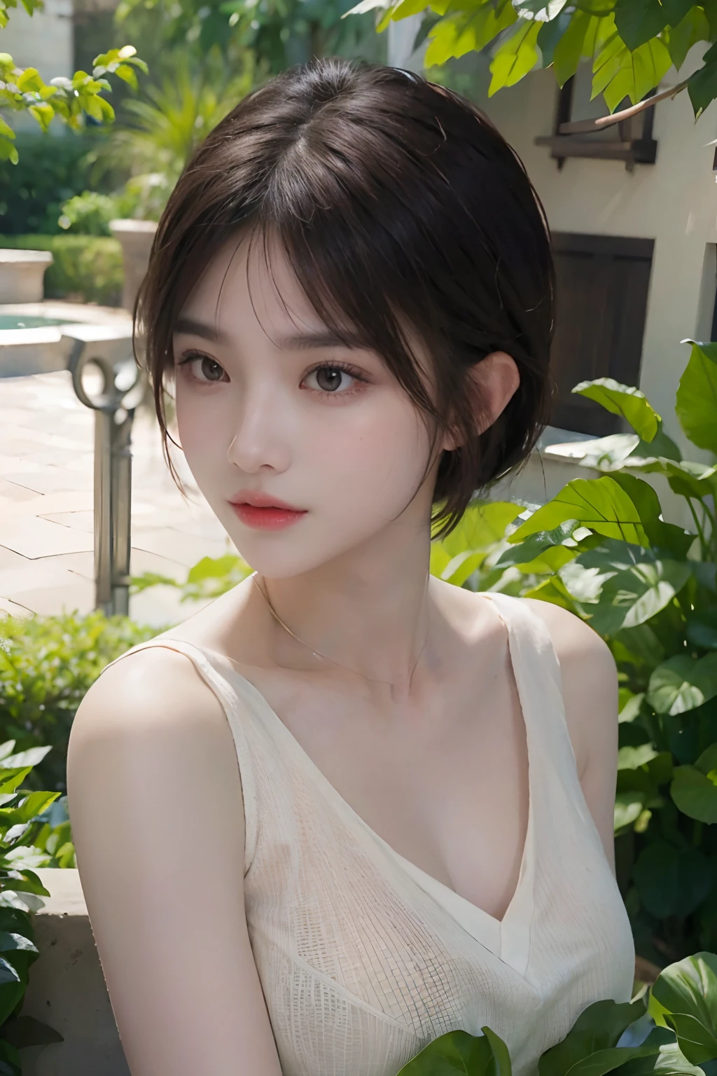 (A high resolution,high lighting,4K),Long face,1girll,the face,详细的the face,trpical garden,short detailed hair,She has a butterfly on her head,close-up face,The sun at noon,huge tit),looking at viewert,Close range - intensity,a blue dress,Keep one's mouth shut,