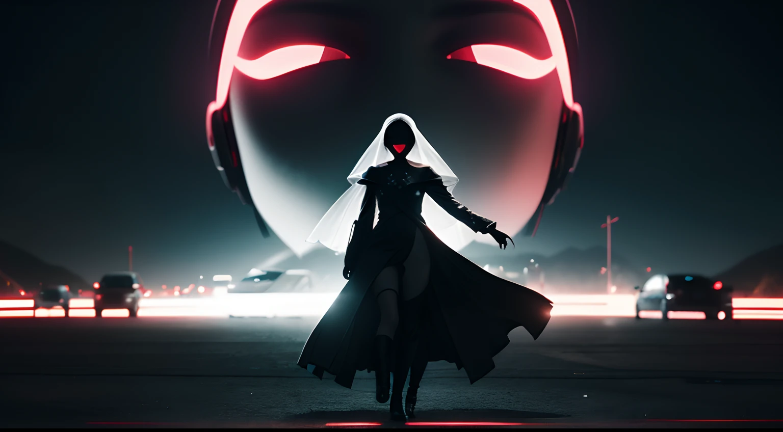 No face viewed through the subliminal glitchy layered matrix inspired cyberpunk, dark haunting white with black, scream through the void, with pops of red, woman vogue model flowing v for vendetta transparent veil, full body shot, dancing, in a desert night, hyperrealistic, high contrast, 8k, cinematic, ultra hd, inspired by x copy and beeple --ar 10:14 --weird 100, add_detail:1.3