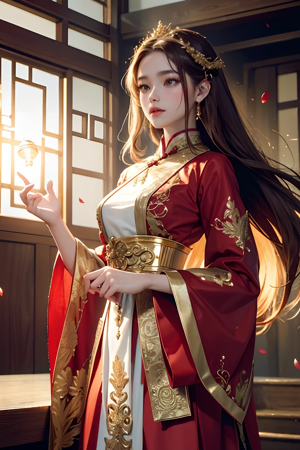 best quality, masterpiece, highres, (exquisite body:1.5),gorgeous face,(milky skin:1.3),intricate details,high resolution,wallpaper,
1girl, solo, dress, hair ornament, (((gold and red dress))), flowers, long hair, brown hair, closed mouth, jewelry, long sleeves, hand up, wide sleeves, big eyes,floating hair, chinese clothes, hanfu, embroidery, long skirt, natural pose, falling petals, indoor,fanning, lantern,
16K,HDR,highres,depth field,(film grain:1.1),boken,golden hour,(lens flare),vignette,rainbowing,(color grading:1.5)