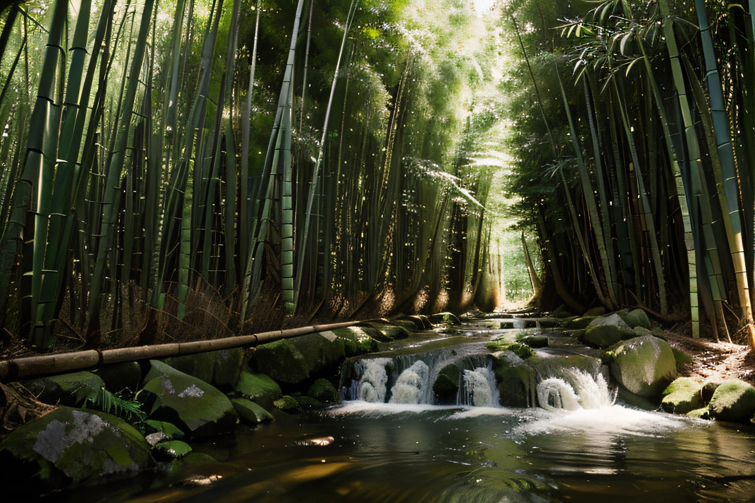 ultra-definition, Bamboo Forest, Naturallight, Kodak Film Photography, Lots of noise, daytime, Photorealistic photos, Bamboo forest with a stream flowing through it,