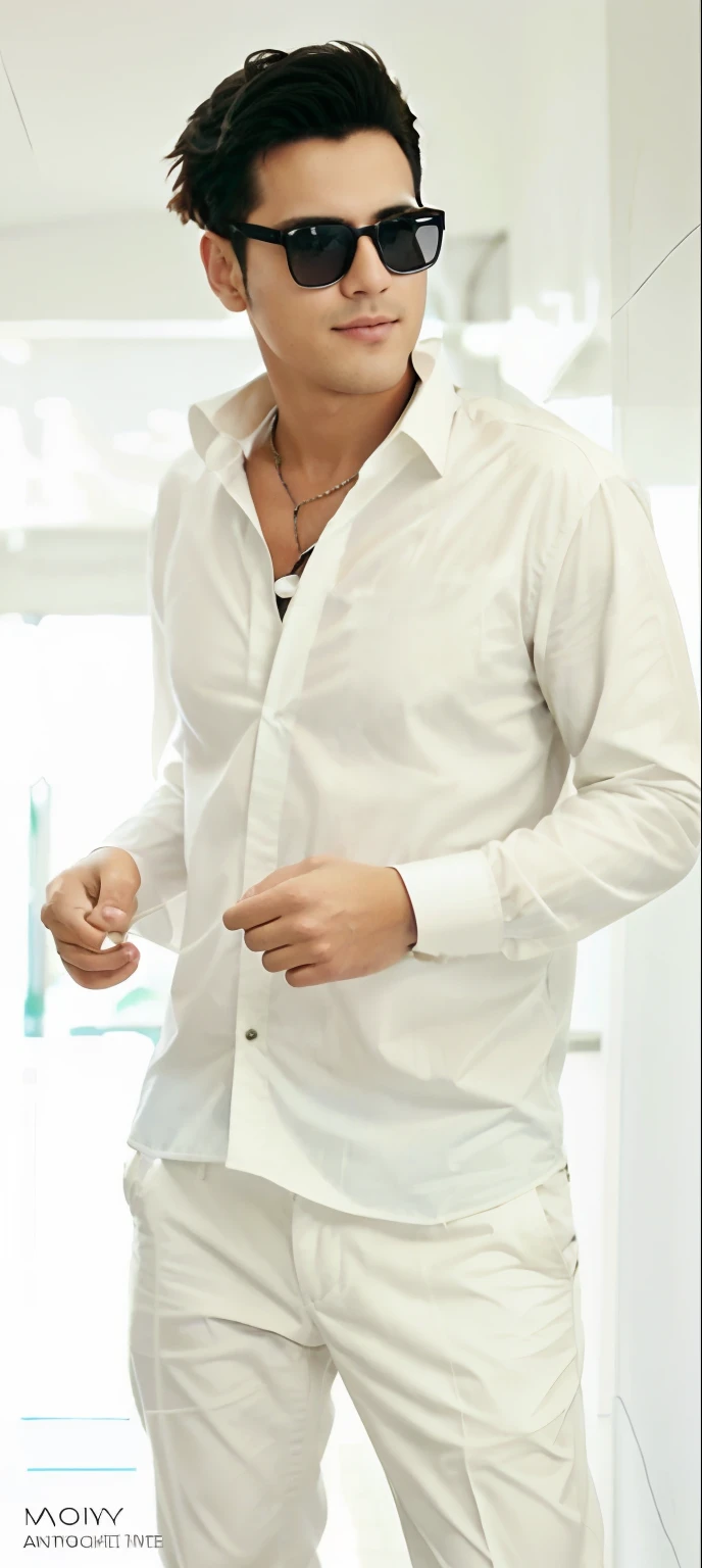 araffe man in white shirt and sunglasses standing in a room, wearing white shirt, wearing in shirt, wearing a white shirt, wearing a white button up shirt, candid picture, fine white shirt, white wrinkled shirt, wearing a shirt, white shirt, handsome man, wearing white cloths, taken with sony alpha 9, wearing a light shirt