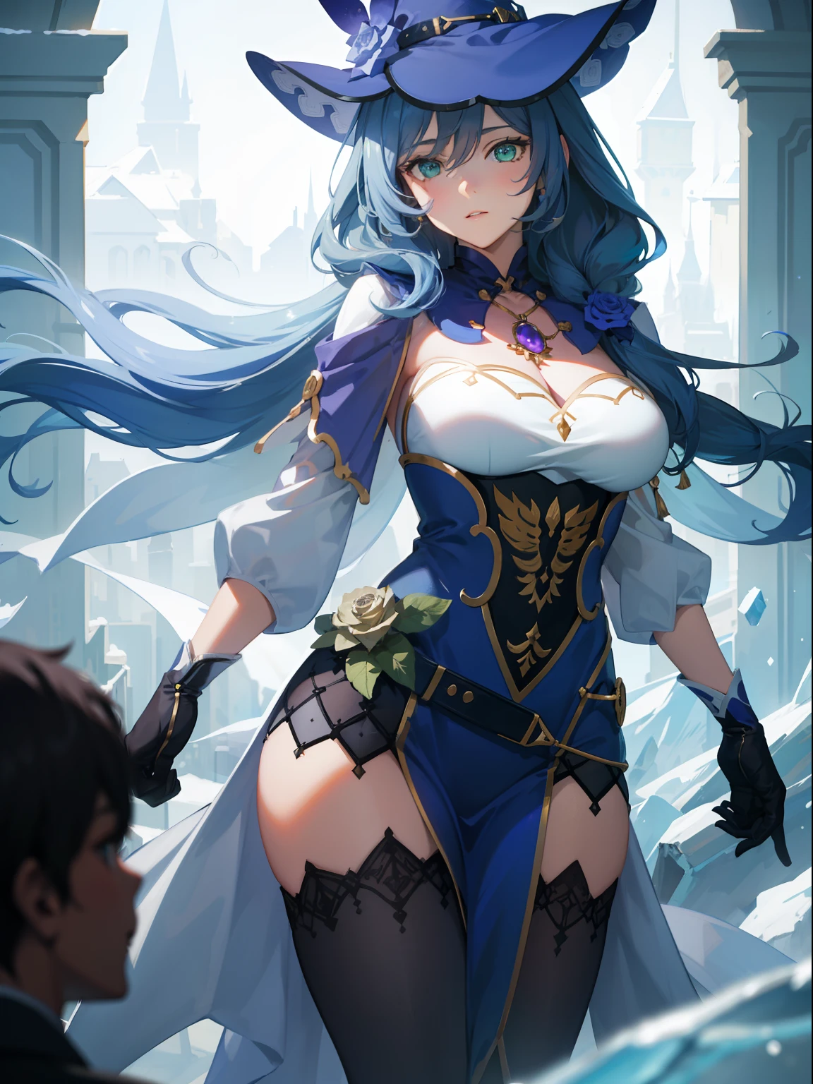big breasts beautiful， Young woman， In the crystal and ice zone， drifting snow， ride horse， White hours， Gradient hair， Blue hair， blue hairs， twintail hair， eyes reflection， disdain， Ray traching， reflective light， blurry， Glowing light， depth of fields， lightand shade contrast， stereograms， zoom layer， cowboy lens， f/2.8， Bokeh， tmasterpiece， best qualtiy， high qulity， k hd，White stockings