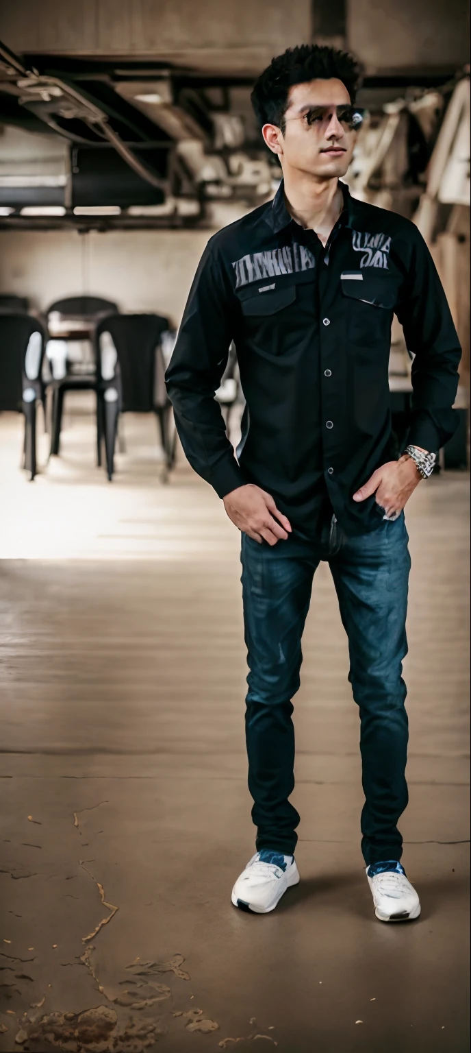 arafed man in a black shirt and jeans standing in a room, wearing a dark shirt and jeans, full body photogenic shot, casual photography, casual pose, full body picture, with a cool pose, full body photograph, with hands in pockets, portrait full body, modern casual clothing, shot on sony a 7, wearing urban techwear, cinematic full shot