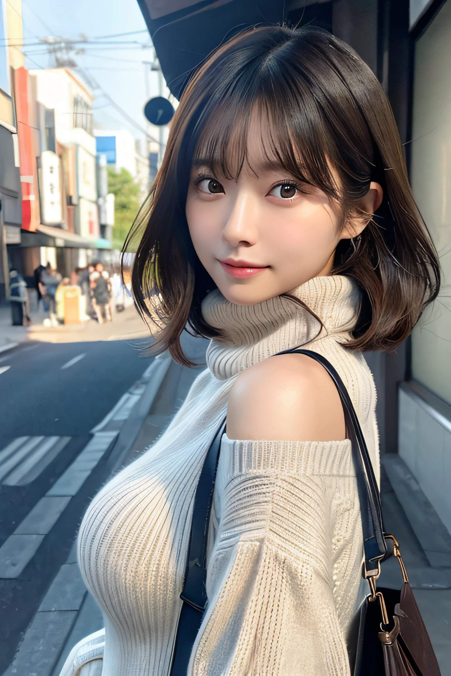 (Colossal tits、Turtleneck sweater、shoulder bags)、(top-quality,masterpiece:1.3,Ultra-high resolution,),(ultra - detailed,Caustics),(Reality:1.4,RAW shooting,)Hyper-realistic capture,A very detailed one,HD 16K human skin、 Natural skin texture、、Skin looks healthy、even skintone、 Use natural light and color,A woman who is,japanes,,kawaii,A brunette one,mid hair,(depth of fields、color difference、、Wide range of lighting、naturalshadow、)、(Hair swaying in the wind:1.2)、Streets of Tokyo、Large Breasts、