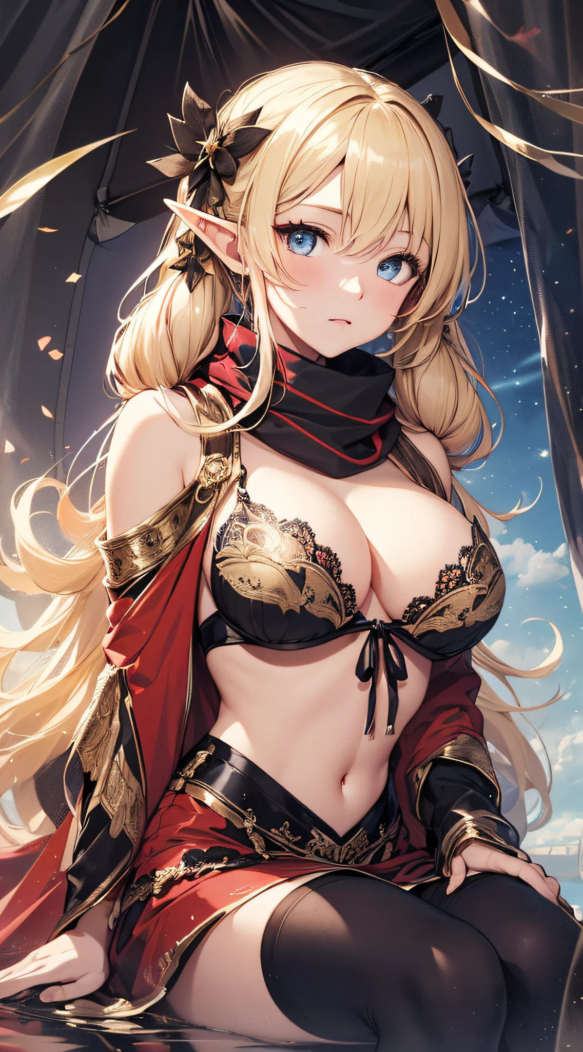 top-quality、Top image quality、masterpiece、An elf girl((18year old、Best Bust、big bast,Beautiful blue eyes、Breasts wide open, Blonde twintails、A slender,Large valleys、Reflecting the whole body、red scarf、Clothes in black robes、Undressing Pose、Hu Sitting))hiquality、Beautiful Art、Background with((Inside the tent、nigh sky)))、,masutepiece、visualart、depth of fields、