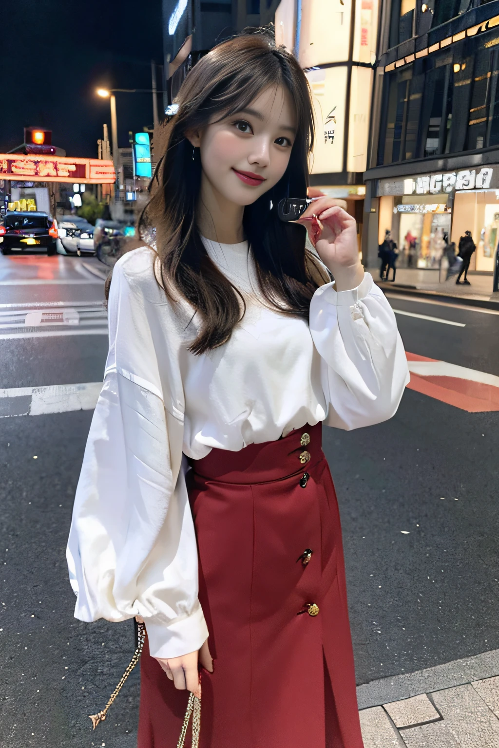 (8K, Best quality, Masterpiece: 1.2), (Realistic, photo-realistic: 1.37), super ultra detail, Beautuful Women, Street photography, Fashionable to wear, Solo, Beautiful cityscape, Sophisticated street coffee shop, Night falls, Confident and charismatic, (Slightly reddened blush), (gently smiling: 1.15), holding a camera, Graceful gait, Detailed beautiful eyes, The streets are bustling,Traffic rush,Fashion and confidence go hand in hand。
